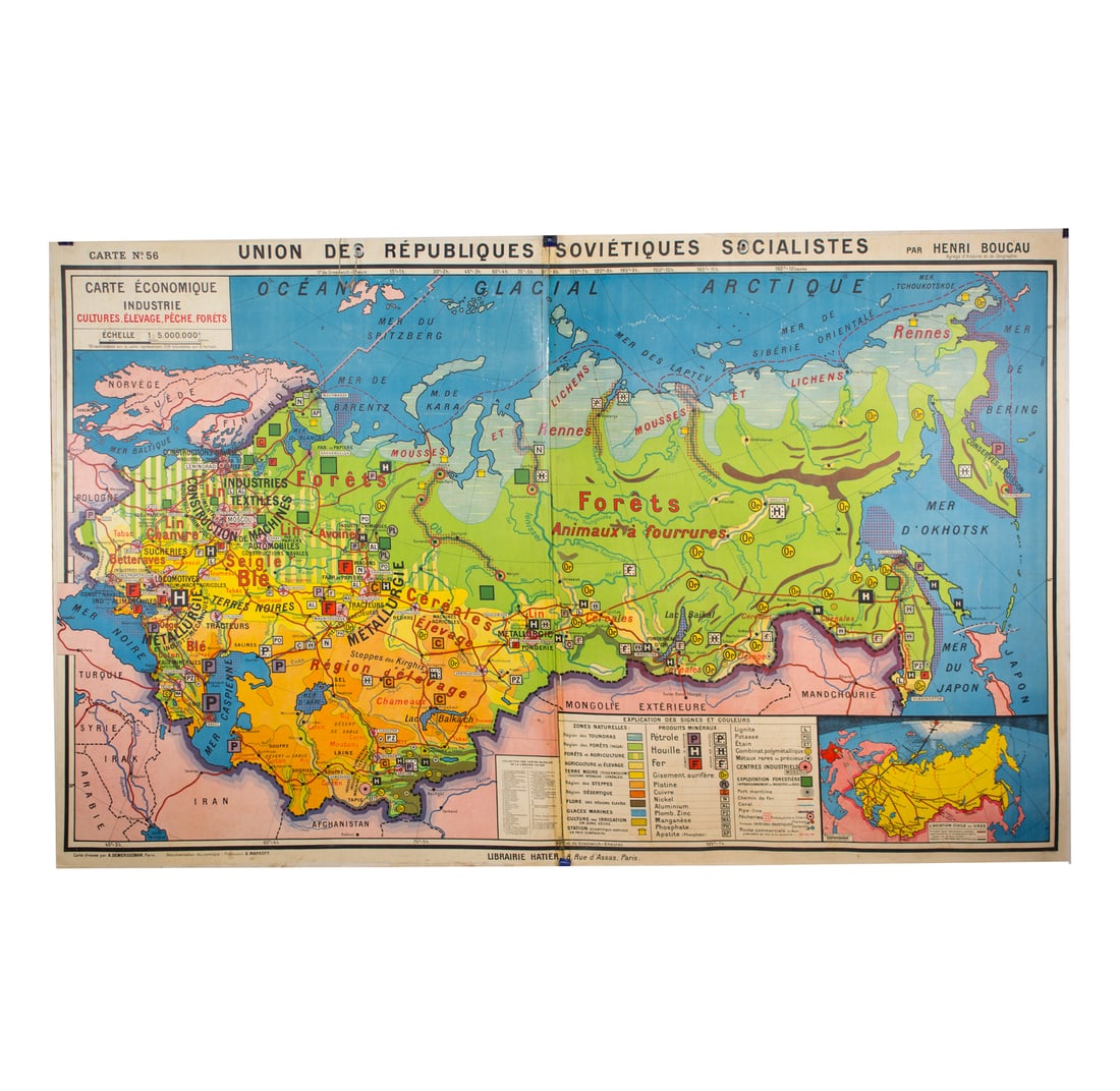 Large French map of the USSR /URSS 1970 school aid Soviet Union (1 of 5)