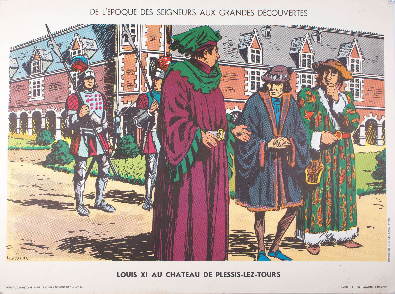 Vintage History French School Poster, Sudel , plate 11 and 15 double s: Title: Vintage History French School Poster, Sudel , plate 11 and 15 double s Description: Original educational history poster for elementary school, printed by the Imprimerie Georges Lang. Carries a