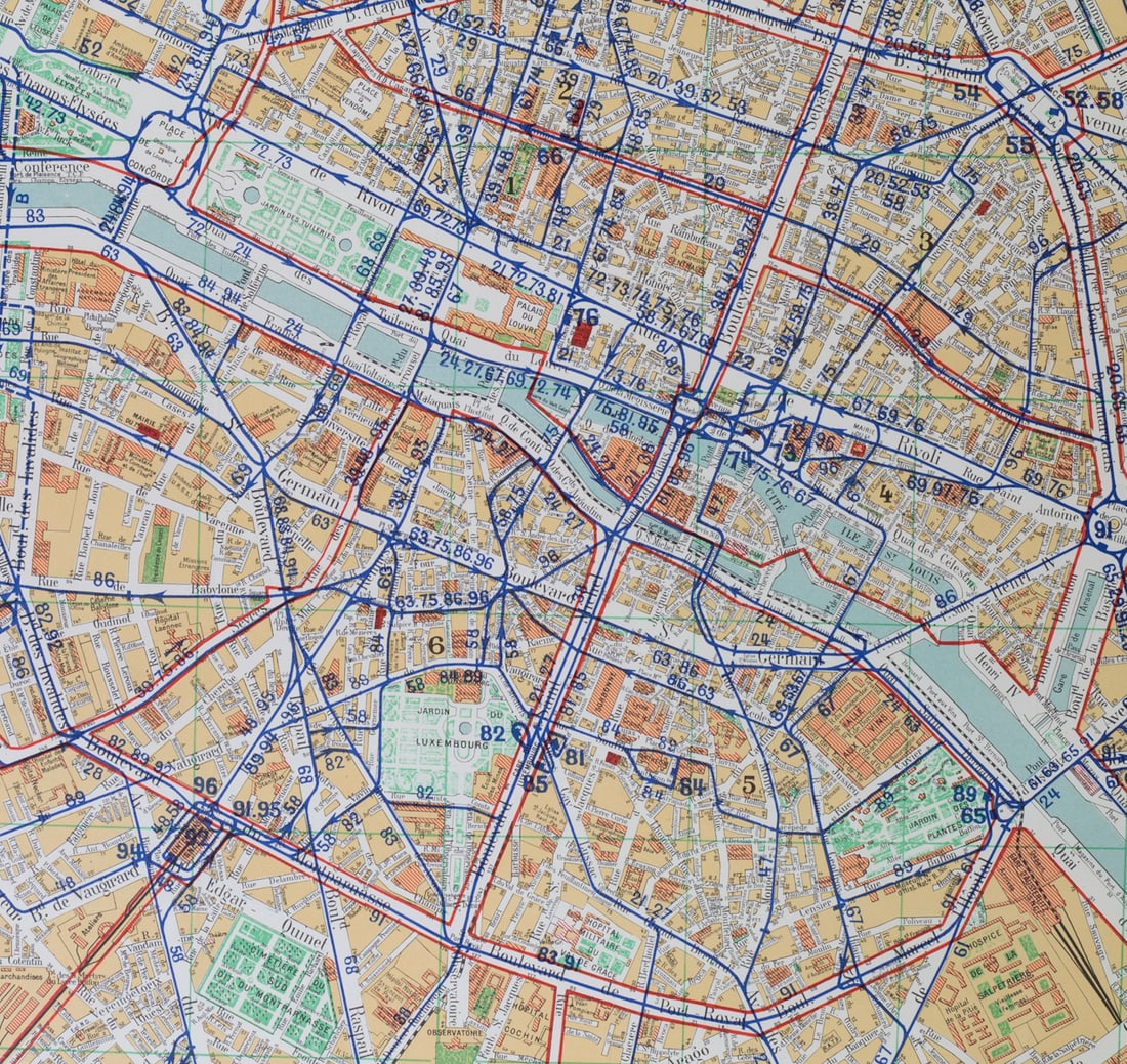Paris bus stop map with numbered lines 1953 Tarride - 2