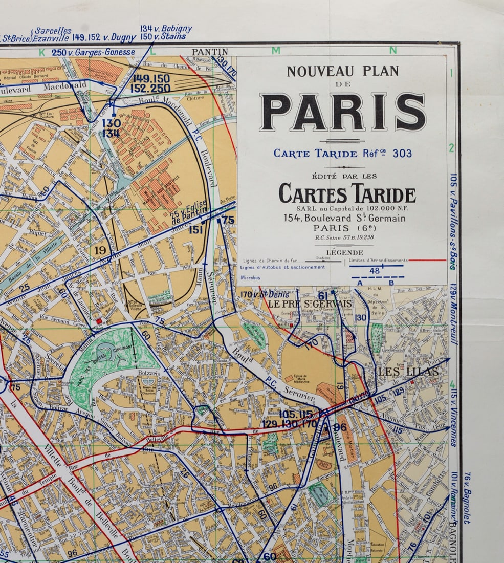 Paris bus stop map with numbered lines 1953 Tarride - 4
