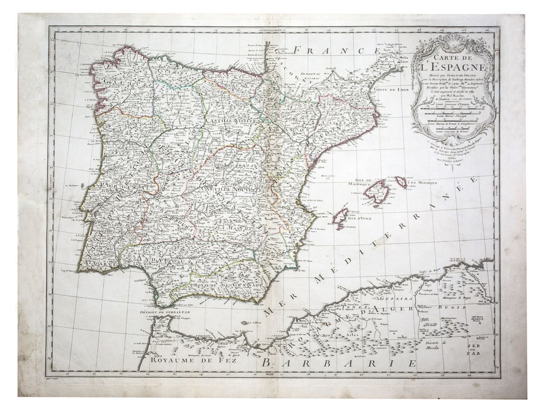 e L'Isle Philippe Buache Engraved cooper map of Spain 1789: Title: e L'Isle Philippe Buache Engraved cooper map of Spain 1789 Description: Important map of Guillaume de L'Isle corrected by Philippe Buache and edited by Dezauche in 1800 ,this map is full of