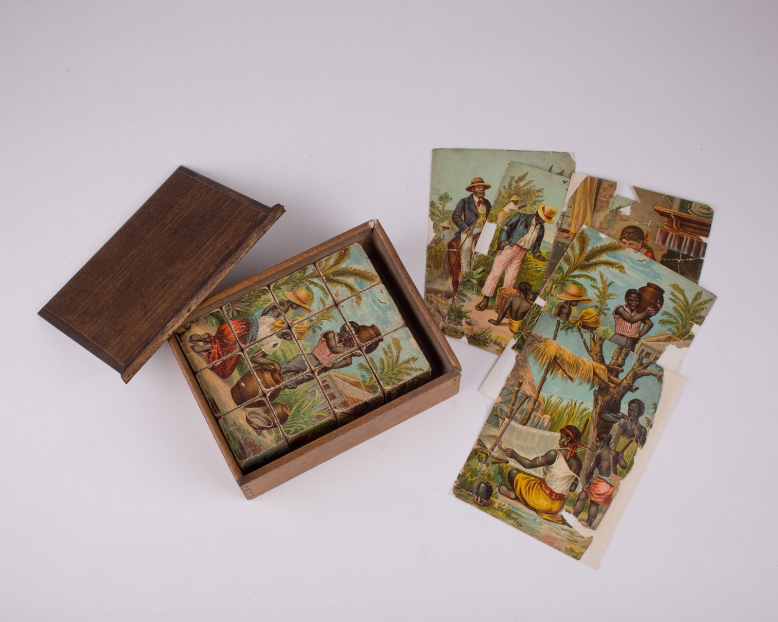 French wood cube puzzle chromolithography racially charge subject 19th. (1 of 7)