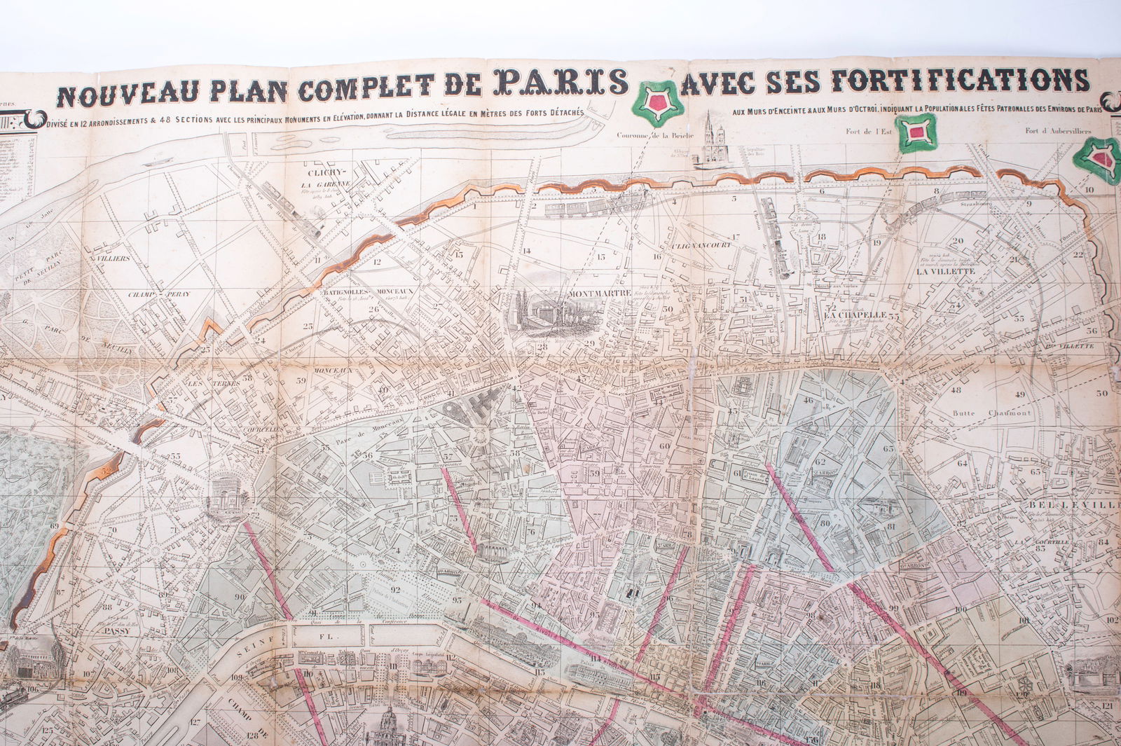 1858 LARGE FRENCH ANTIQUE MAP OF PARIS Dubreuil Vuillemin on linen backing - 4