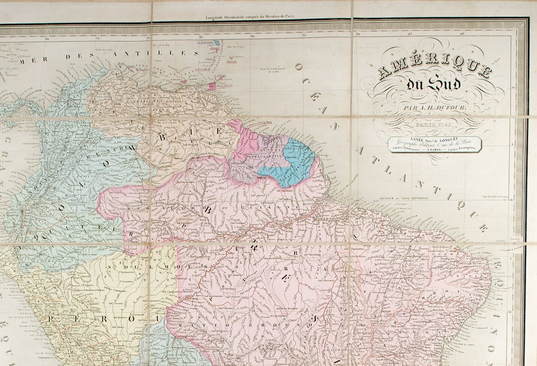 Large Antique French 1863 A.H.Dufour Map of South America Linen back - 2