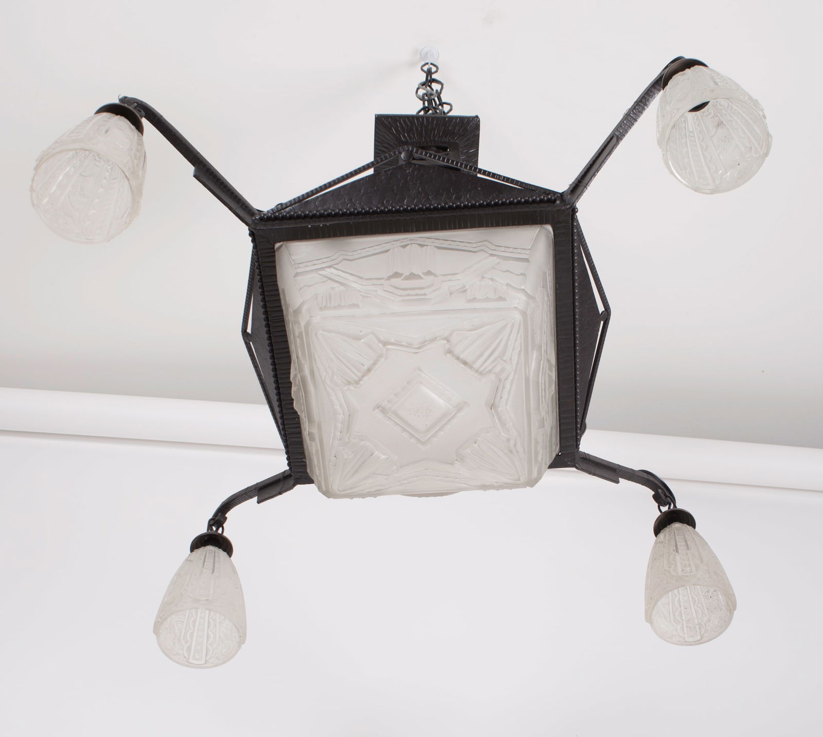 FRENCH ART DECO CHANDELIER MOLDED pressed GLASS MULLER LUNEVILLE 4 lights - 2