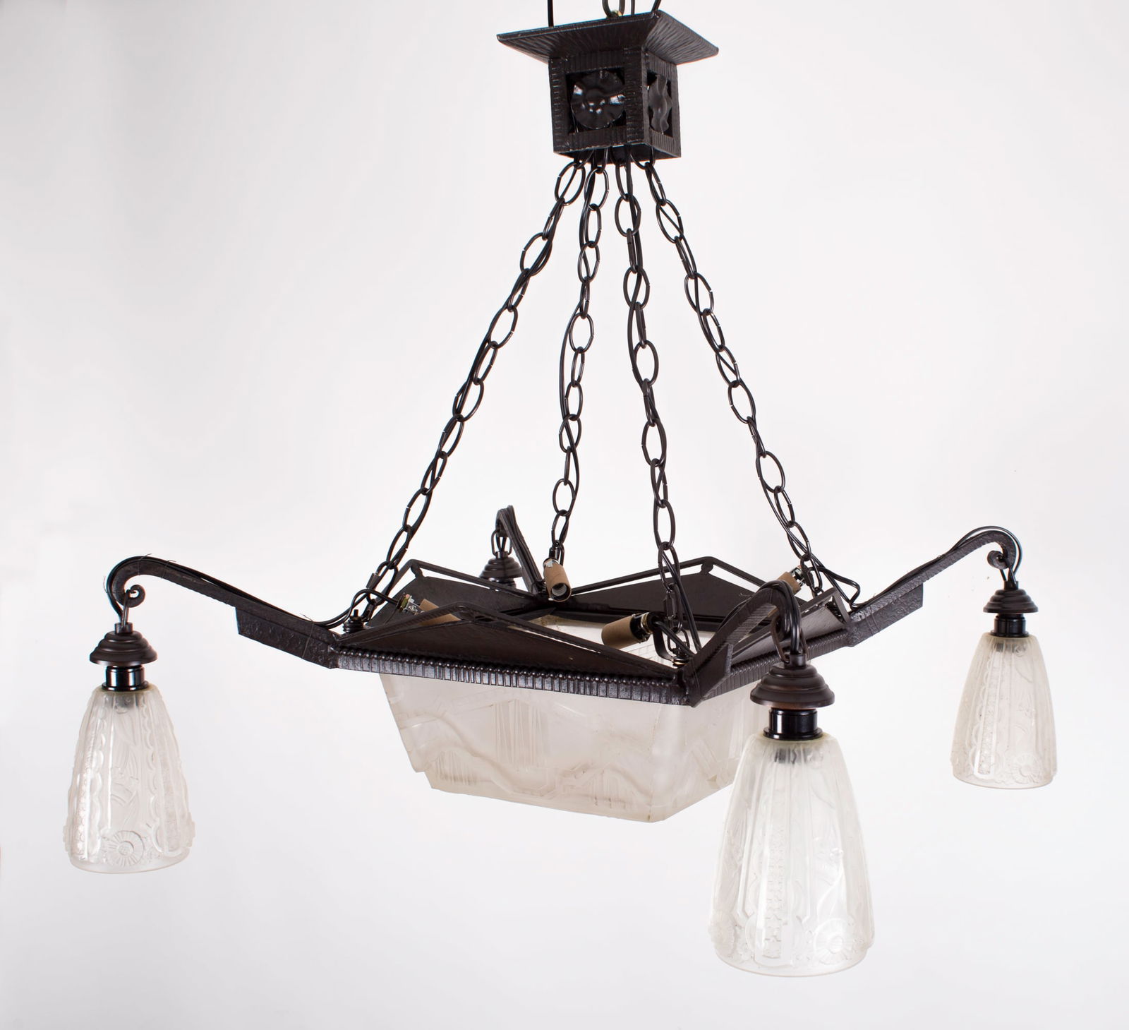 FRENCH ART DECO CHANDELIER MOLDED pressed GLASS MULLER LUNEVILLE 4 lights - 5