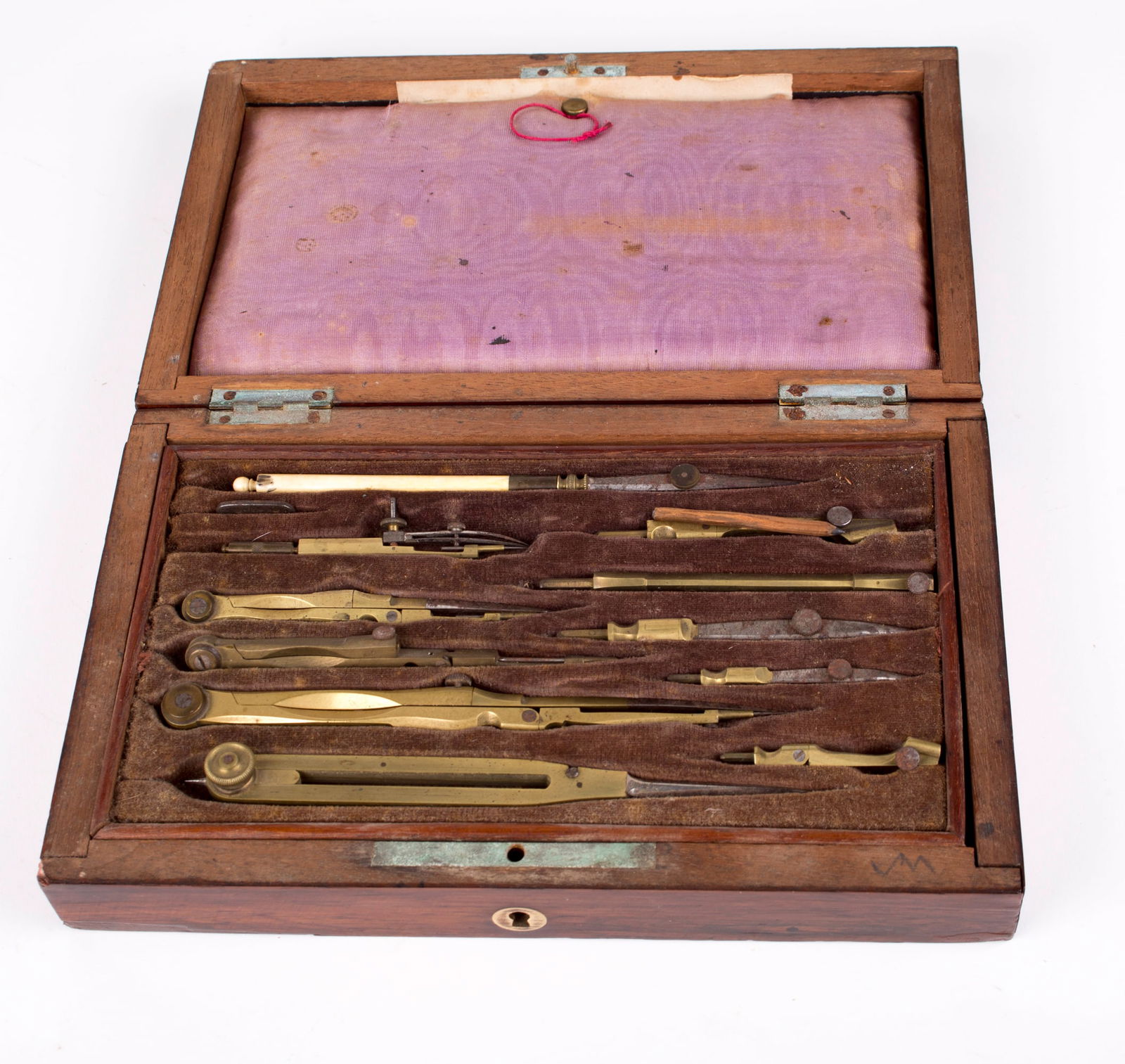 French set of brass compass 19th mahogany box. - 2