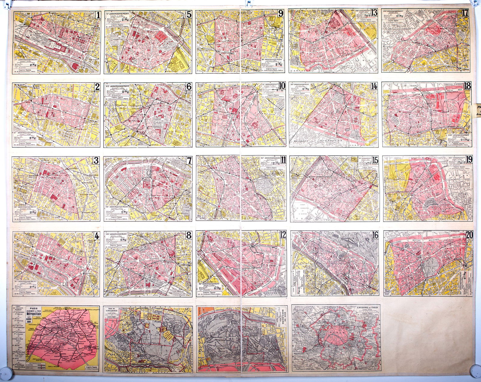 Large Paris arrondisements map with numbered lines 1920 Tarride linen backing - 2