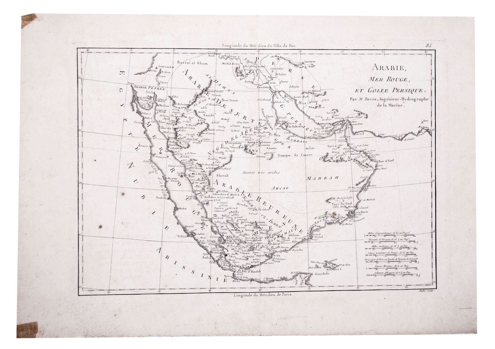 1770 French engraving map of Bonne,Rigobert Arabie. Mer Rouge et Golfe Persique: Title: 1770 French engraving map of Bonne,Rigobert Arabie. Mer Rouge et Golfe Persique Description: Detailed map of Saudi Arabia, the Red Sea, Persian Gulf, etc. Rigobert Bonne was the Official