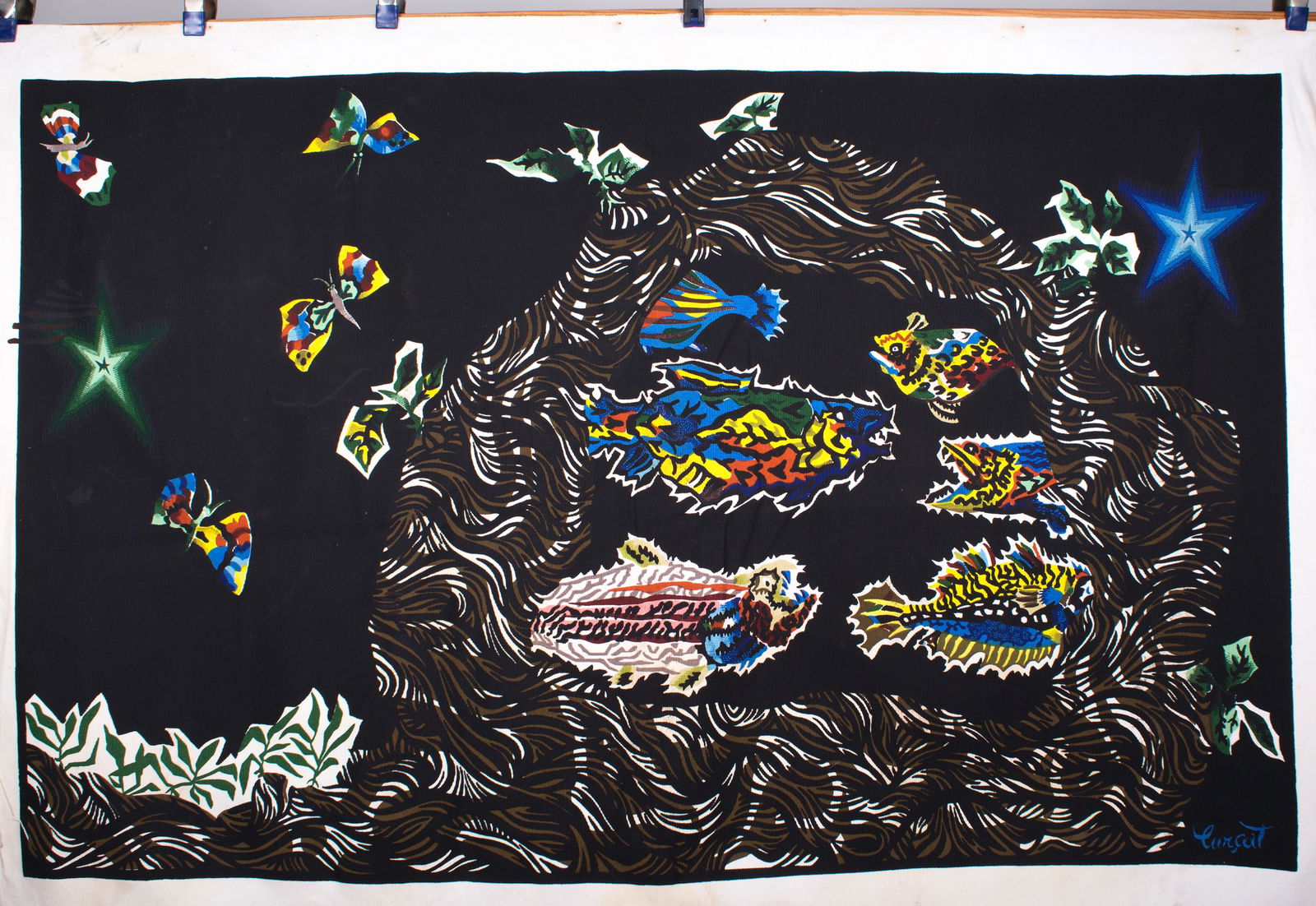 FRENCH silkscreen TAPESTRY JEAN Lurcat MODERNIST AUBUSSON congress of fish (1 of 5)
