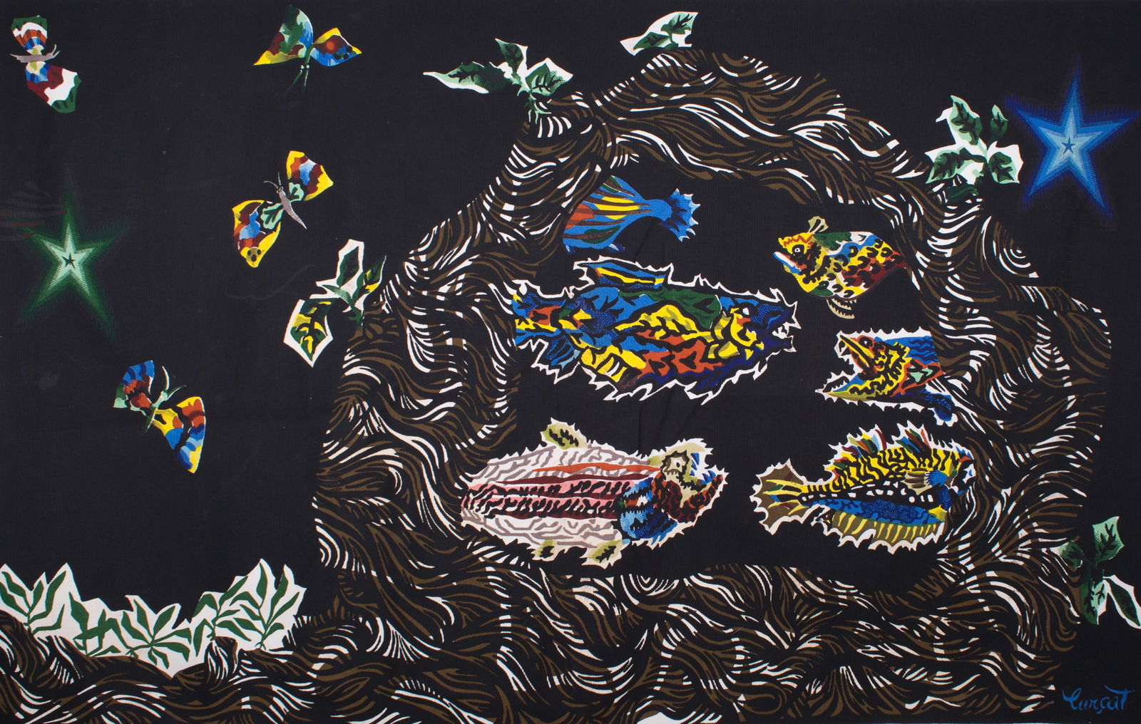FRENCH silkscreen TAPESTRY JEAN Lurcat MODERNIST AUBUSSON congress of fish - 2