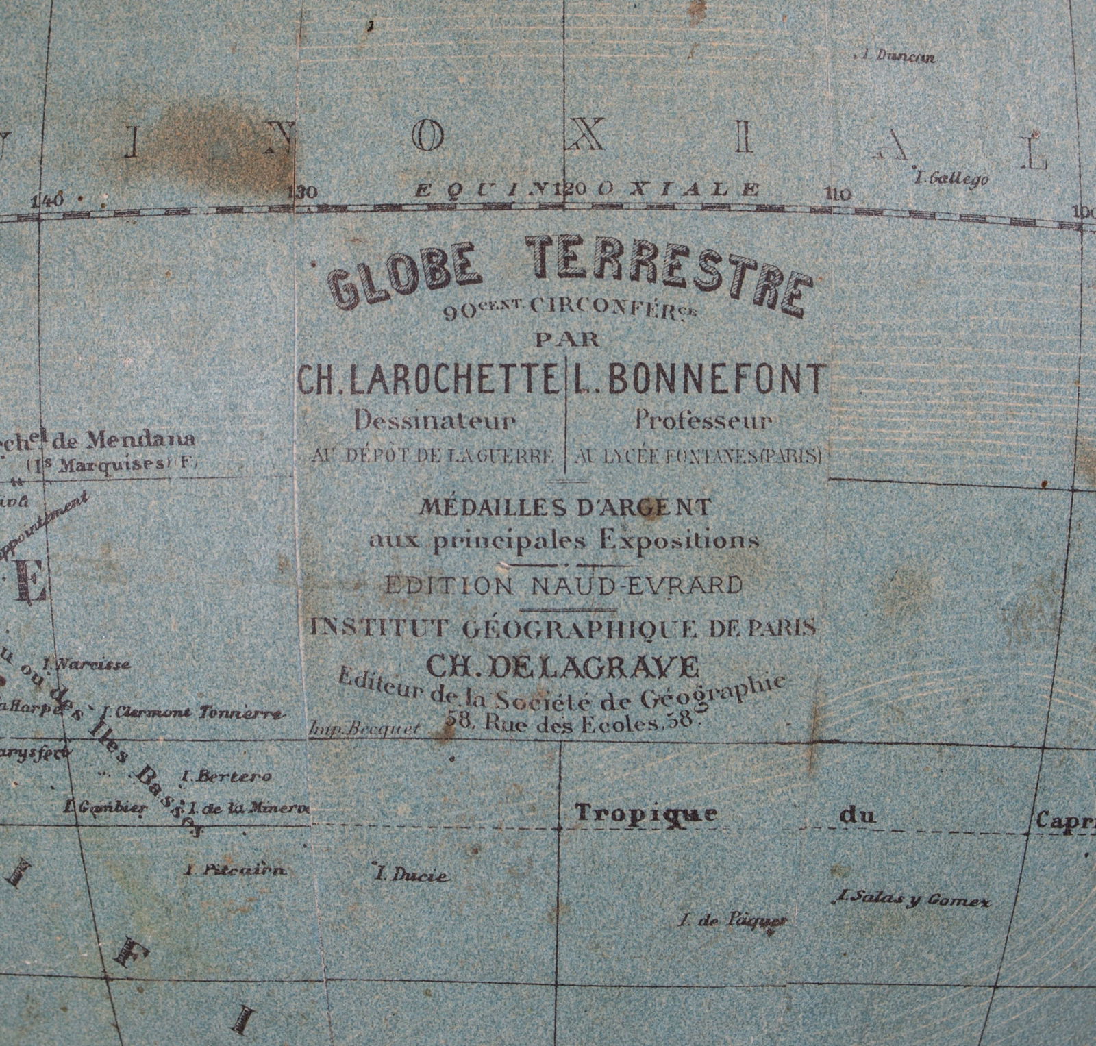 1860 DELAGRAVE FRENCH TERRESTRIAL ANTIQUE GLOBE 14 Bonnefont - 5