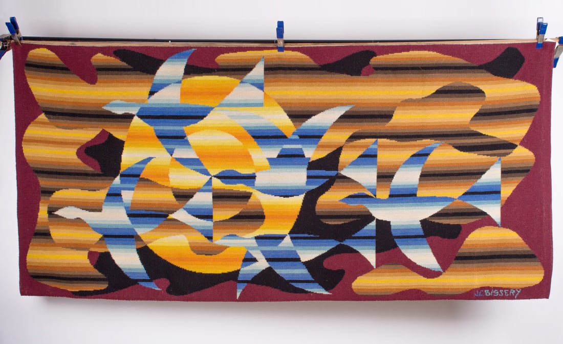 Bissery mid century wool tapestry modernist " migration of birds" Jacquard - 5