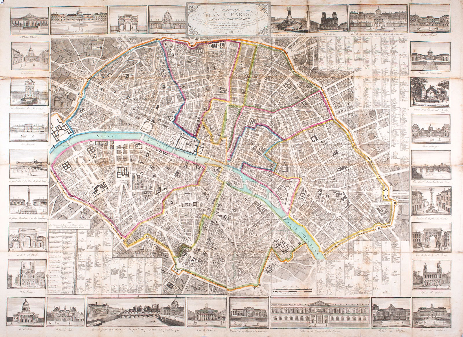 Large map engraving of Paris 1822 Auvray, Marchand d'Estampes , Quai Malaquais - 2