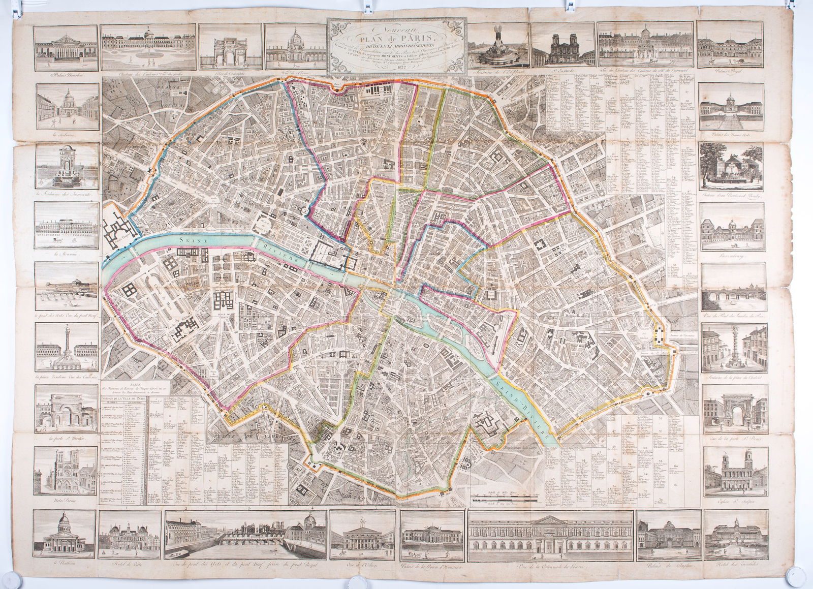 Large map engraving of Paris 1822 Auvray, Marchand d'Estampes , Quai Malaquais - 6