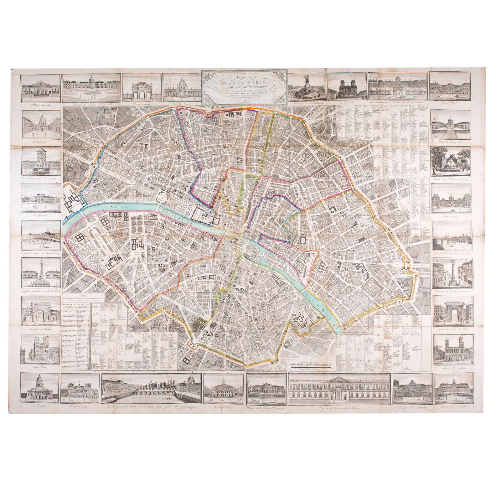 Large map engraving of Paris 1822 Auvray, Marchand d'Estampes , Quai Malaquais - 8