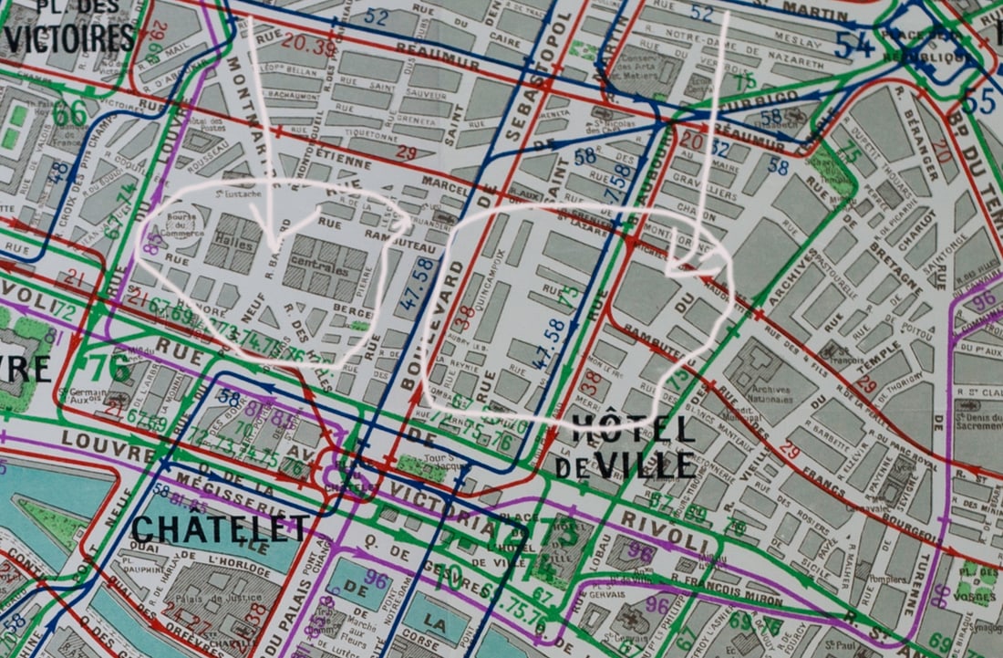 Large Paris bus stop RATP map with numbered lines 1963 Tarride - 4