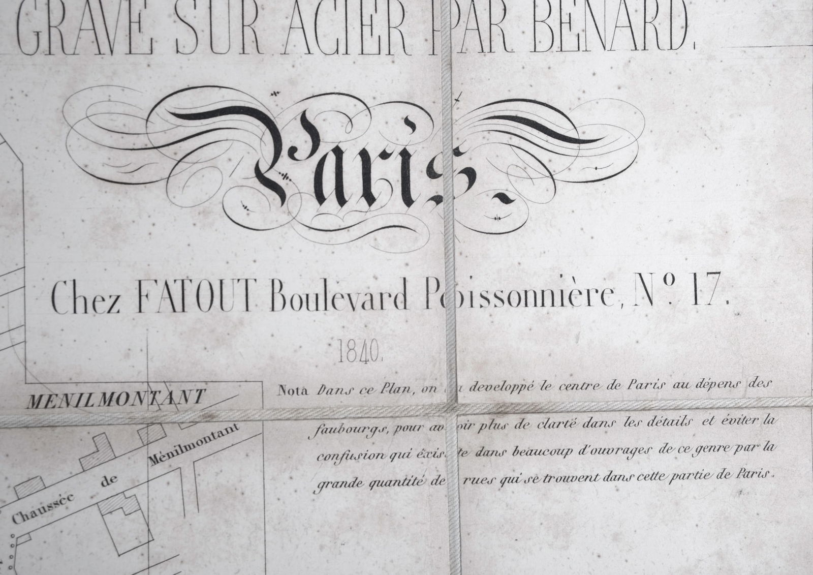 1840 LARGE FRENCH ANTIQUE MAP OF PARIS Fatout Vuillemin on linen backi - 2