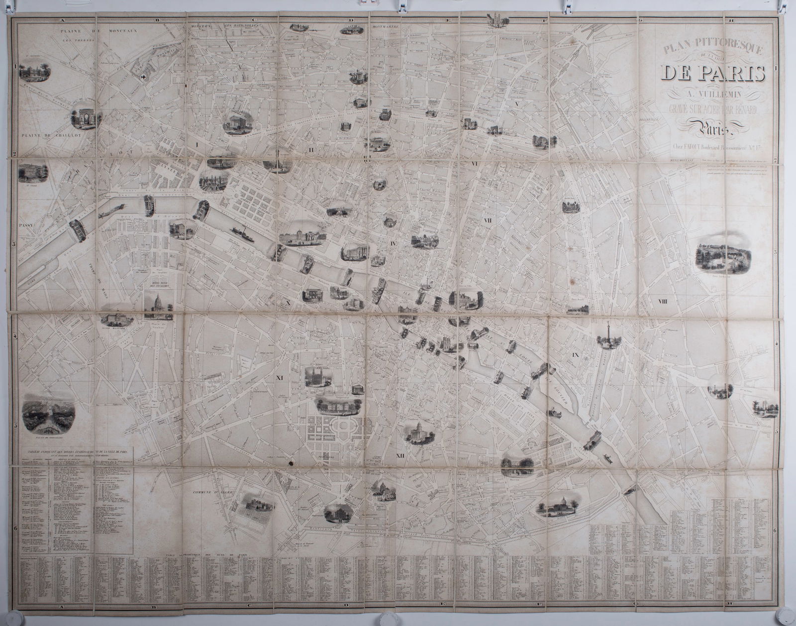 1840 LARGE FRENCH ANTIQUE MAP OF PARIS Fatout Vuillemin on linen backi - 3