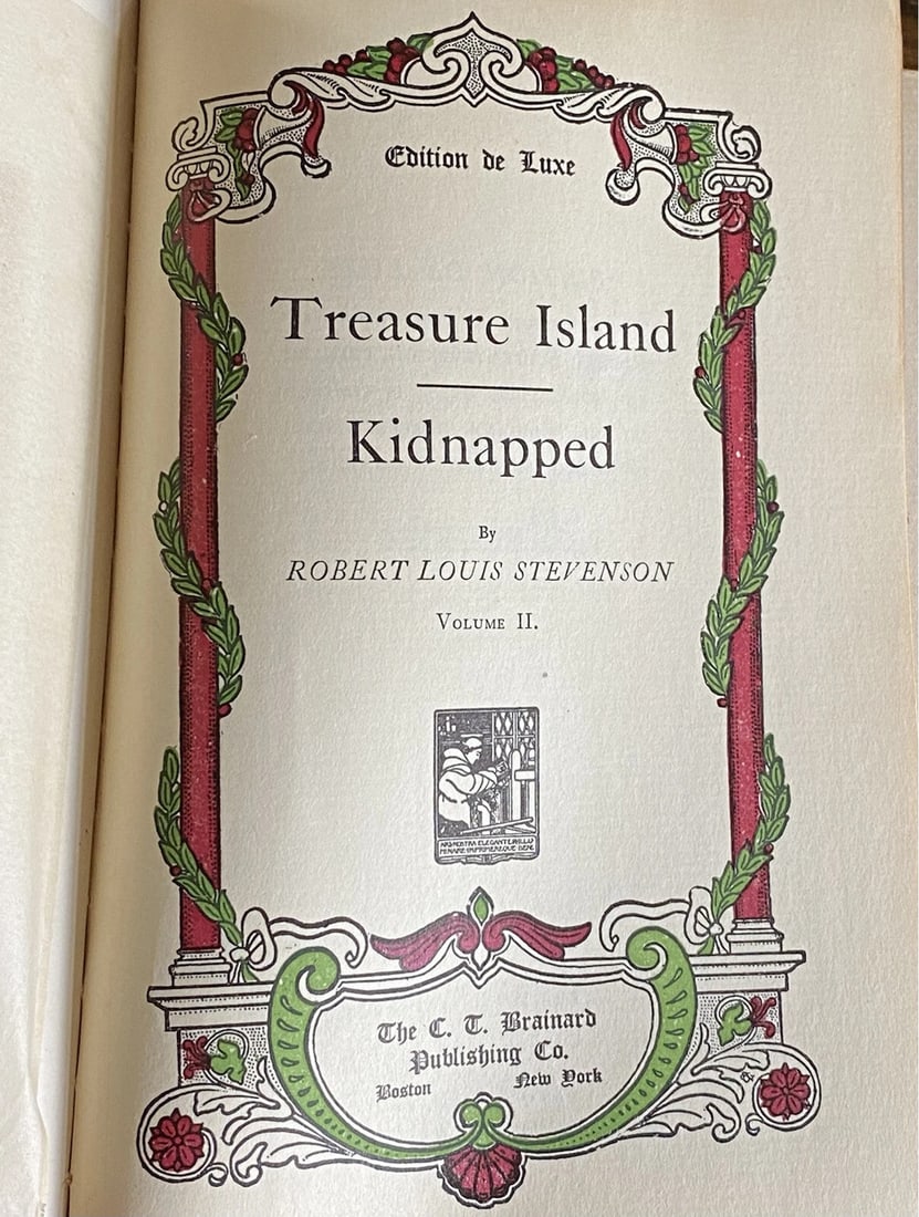 Robert L. Stevenson DeLuxe Ltd.Ed. Treasure Island, Kidnapped C.T.Brainard 1906: Antique book by Robert Louis Stevenson DeLuxe Ltd.Ed. Of 1,000 Copies. Includes:Treasure Island, Kidnapped. Published by C.T.Brainard 1906. Half leather with tan marbled boards, spine missing. Clean t