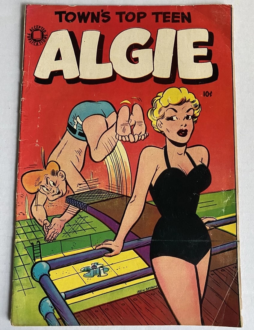Algie #3 Town's Top Teen Accepted Publications 1955 Boarded Golden Age: This vintage golden age comic book from 1955 features Algie, the town's top teen, in this third issue of the series. It is a single unit format and a first printing, making it a great addition to any