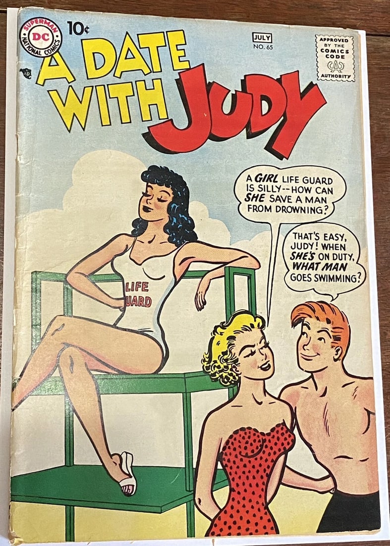 A Date With Judy #65 Comic Book 1958 DC Boarded Silver Age VG: A Date With Judy DC Superman Comics Issue #65, 1958. Vintage young teen themed comic is bagged and boarded for protection. Very good condition. See photos for exact condition. Reserve: $65.00 Shipping
