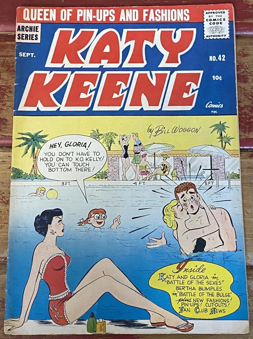 KATY KEENE (1949 Series) #42 Sept. 1958 Very Good Boarded Bill Woggon: This Katy Keene comic book from 1958, issue number 42, features a classic battle of the sexes story by Bill Woggon. The comic is a single issue, boarded, and in very good condition. It is part of the