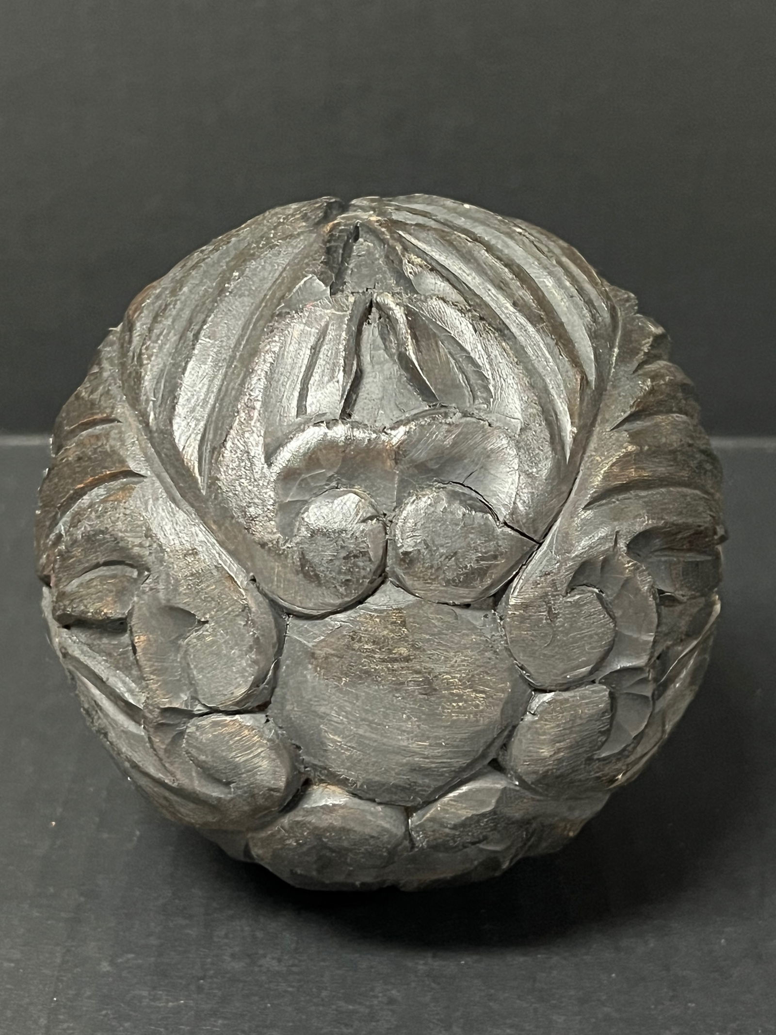 Carved Wood Round Ball Sculpture - 5