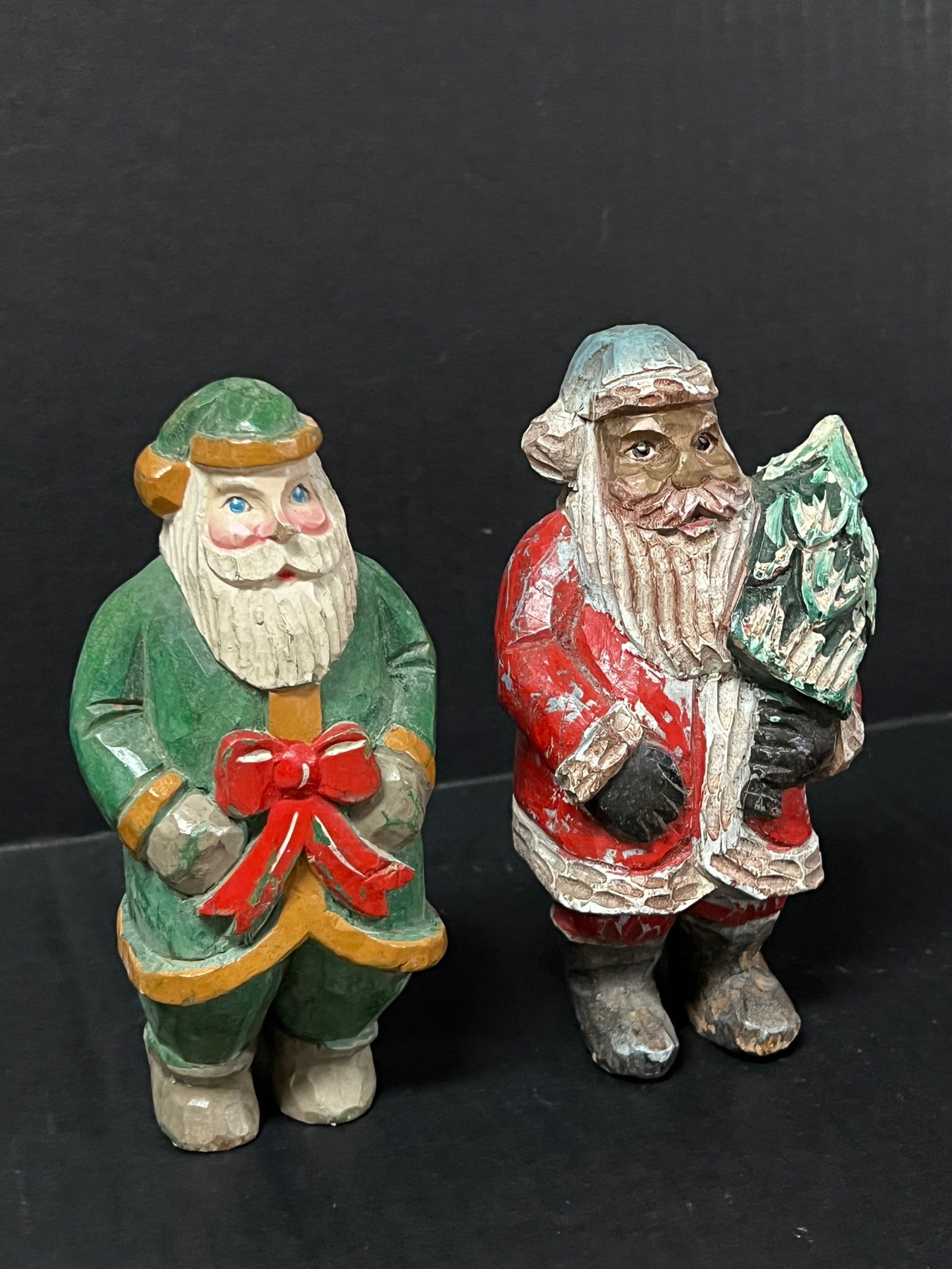 Carved Wood Painted Santa Claus Statue 2 Pcs. - 2