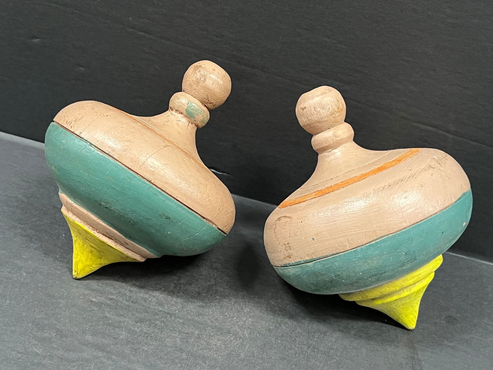Carved Wood Pair of Spinning Tops - 3