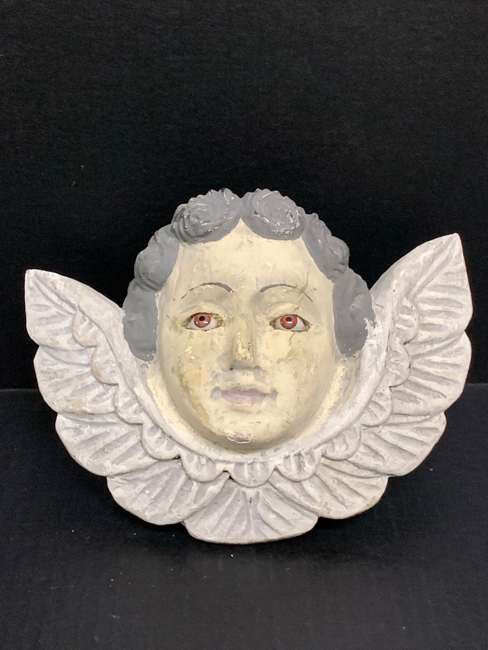 Carved Wood Religious Cherub with Glass Eyes: Title: Carved Wood Religious Cherub with Glass EyesDate/Period: Late 20th CenturyMaterials: WoodDescription: Carved Wood Religious Cherub with Glass Eyes Reserve: $80.00 Shipping:Domestic: