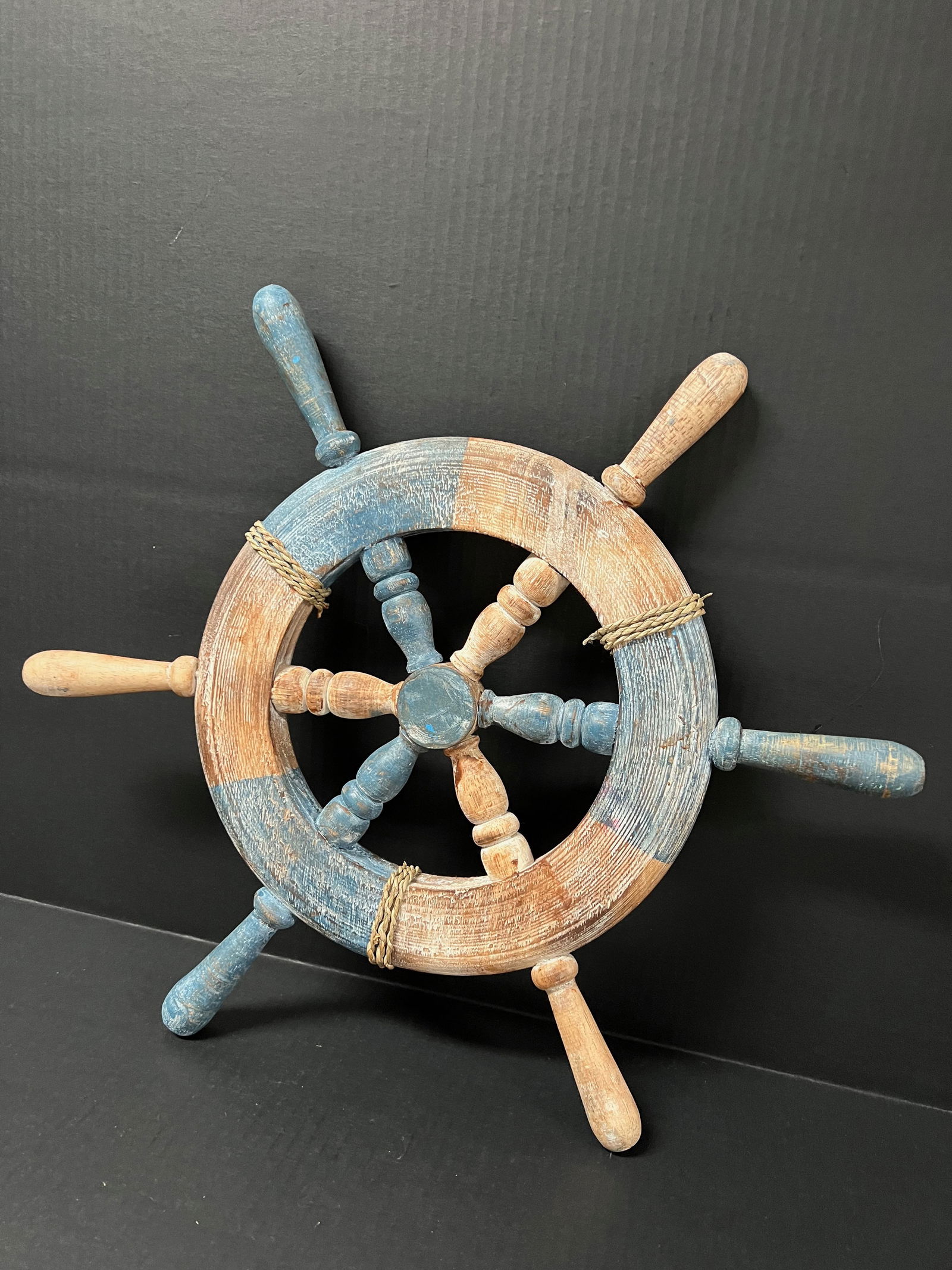 Carved Wood Painted Ship Steering Wheel Sculpture - 2