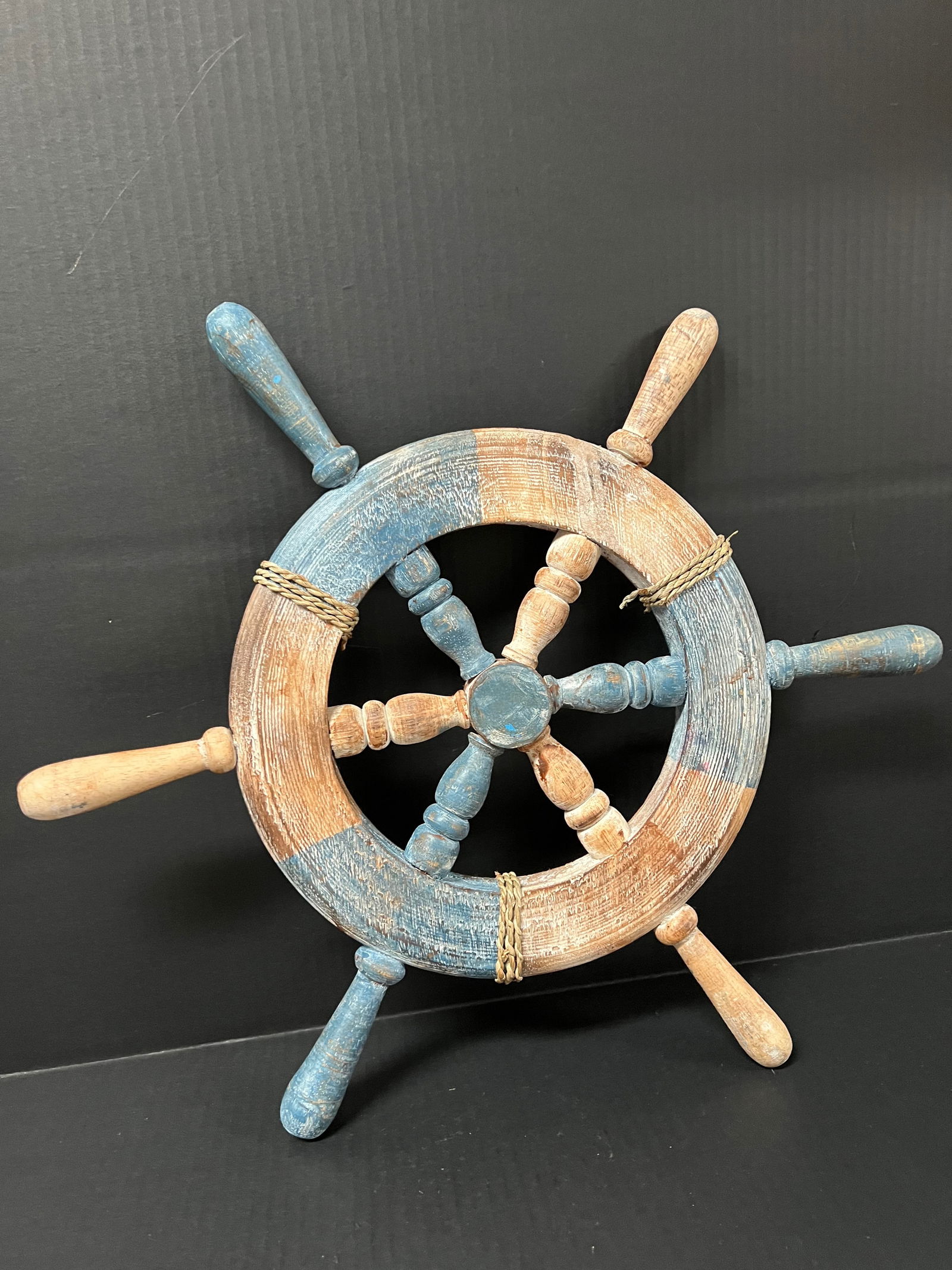 Carved Wood Painted Ship Steering Wheel Sculpture - 3