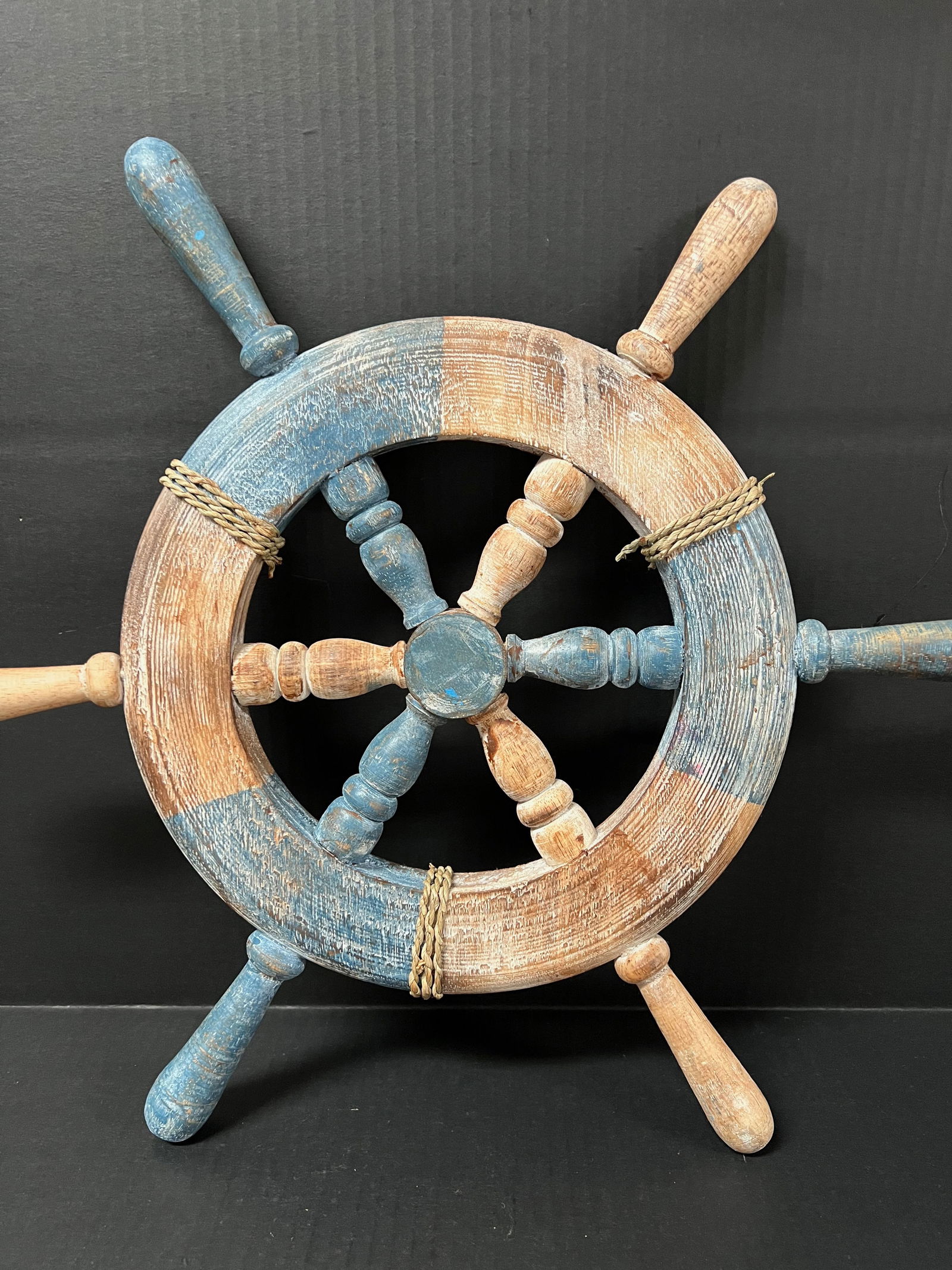 Carved Wood Painted Ship Steering Wheel Sculpture - 4
