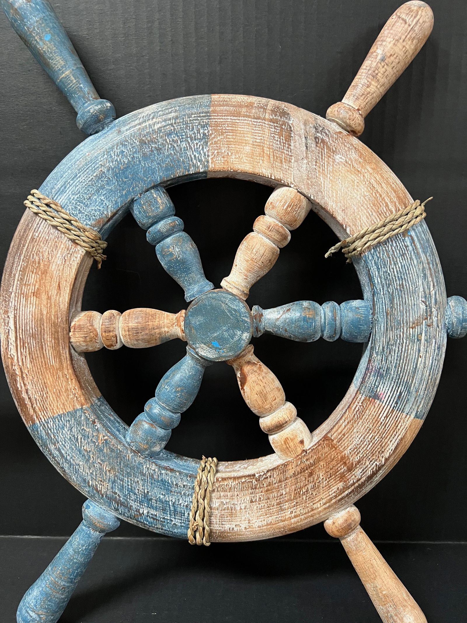 Carved Wood Painted Ship Steering Wheel Sculpture - 5