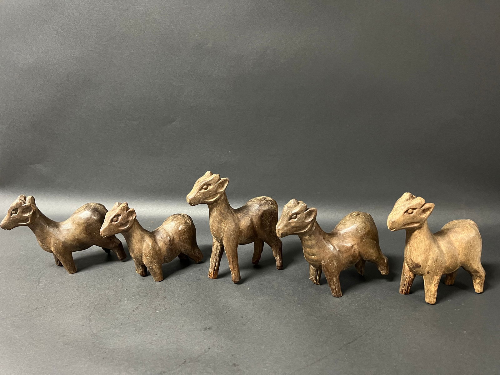 Carved Wood Deer Set of 5 - 7