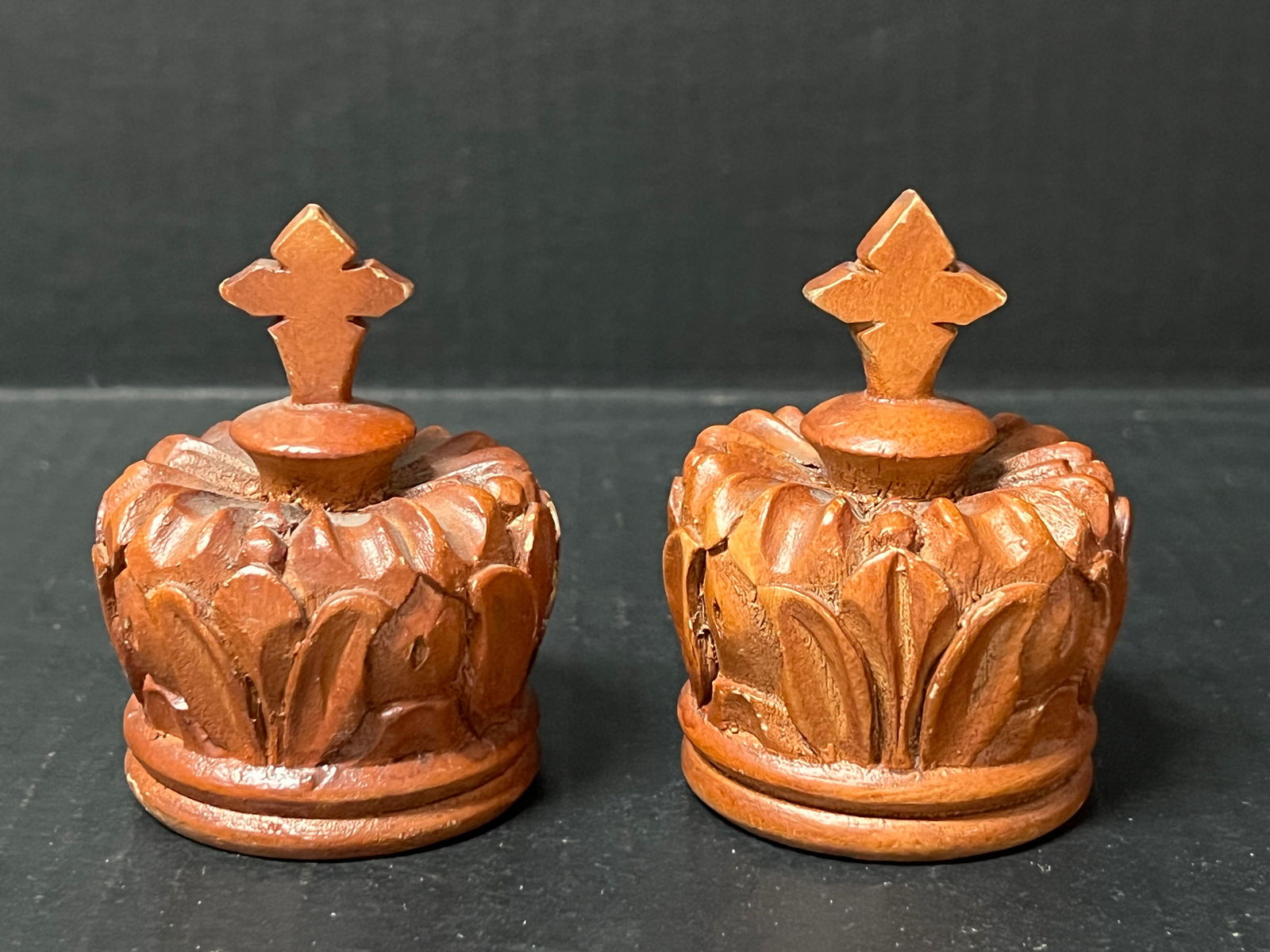 Carved Wood Crown Sculpture Set of 2: Title: Carved Wood Crown Sculpture Set of 2Date/Period: Late 20th CenturyMaterials: WoodDescription: Carved Wood Crown Sculpture Set of 2 Reserve: $40.00 Shipping:Domestic: Flat-rate of $20.00 to