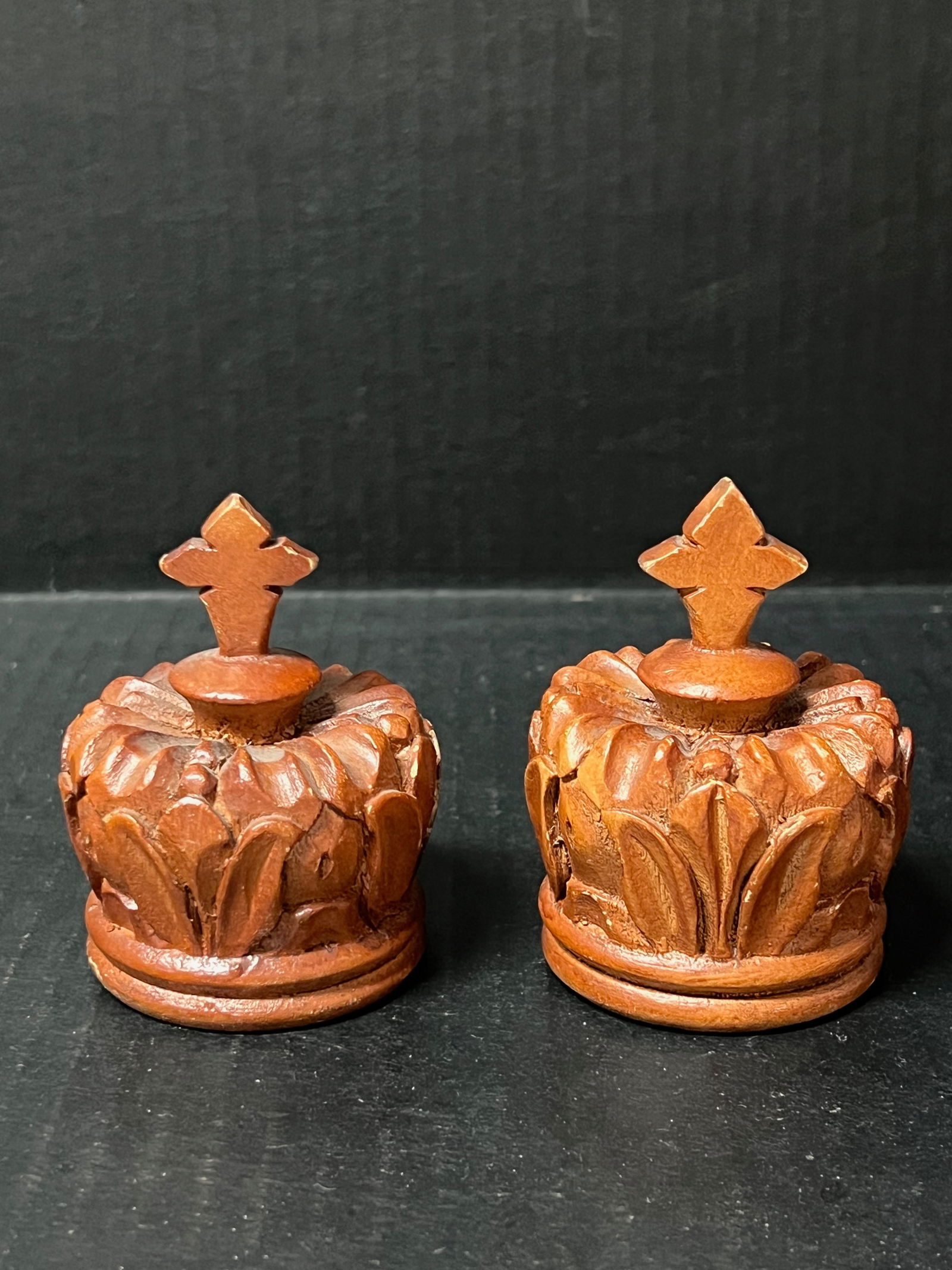 Carved Wood Crown Sculpture Set of 2 - 2