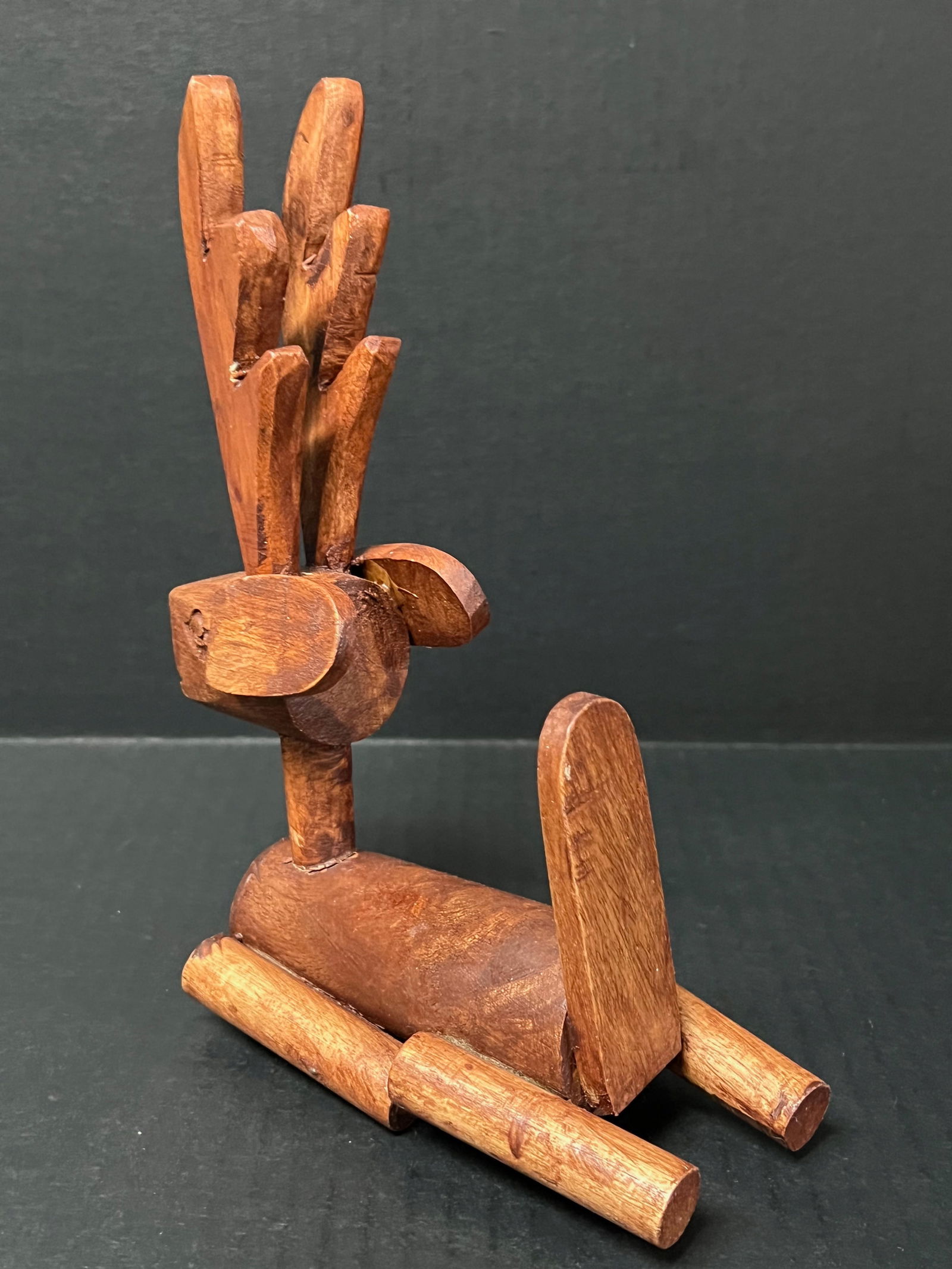 Carved Wood Sitting Deer Sculpture - 5