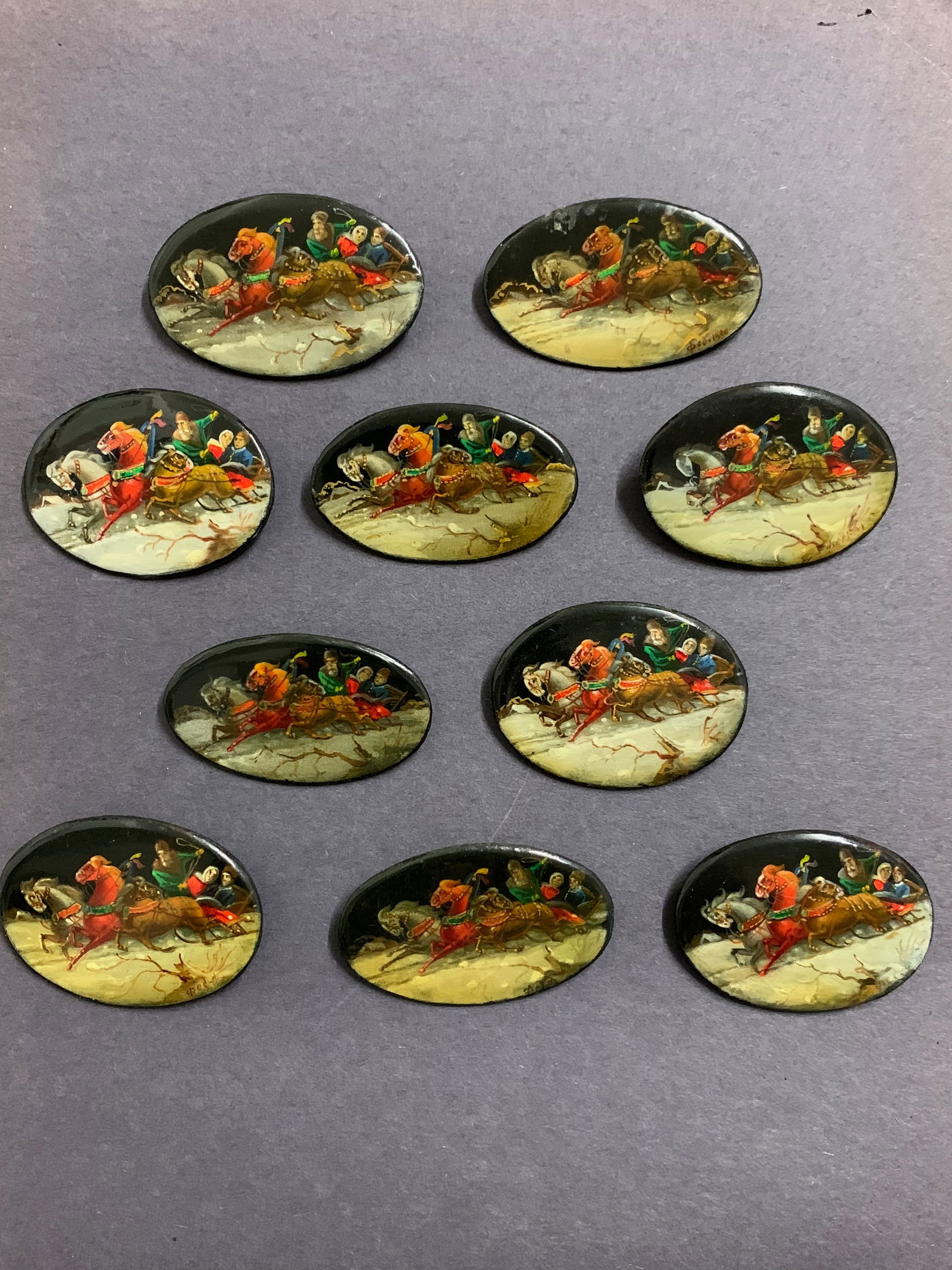 Vintage Russian Art Lacquered Wooden Pins 10 pcs.: Title: Vintage Russian Art Lacquered Wooden Pins 10 pcs.Date/Period: Late 20th CenturyMaterials: WoodDescription: Vintage Russian Art Lacquered Wooden Pins 10 Pcs. Reserve: $40.00 