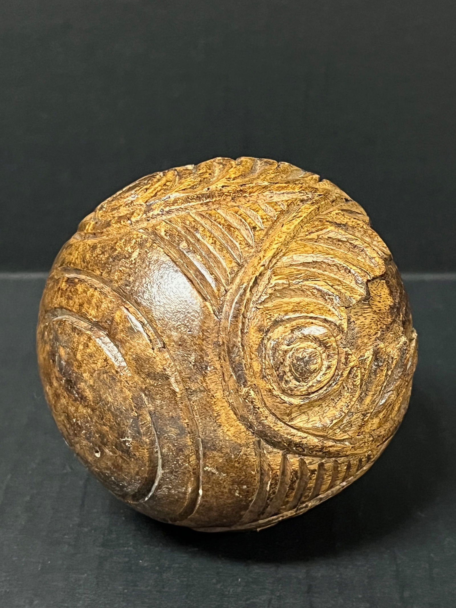 Carved Wood Round Ball Sculpture - 3