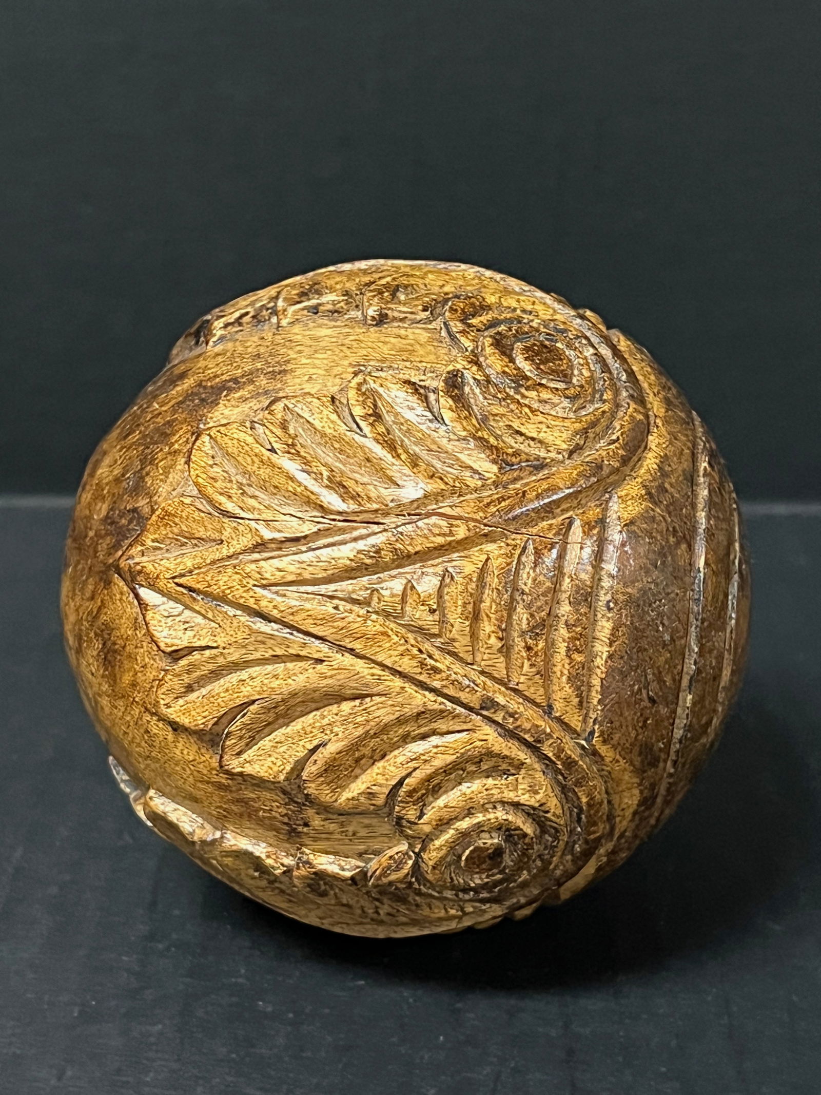 Carved Wood Round Ball Sculpture - 4
