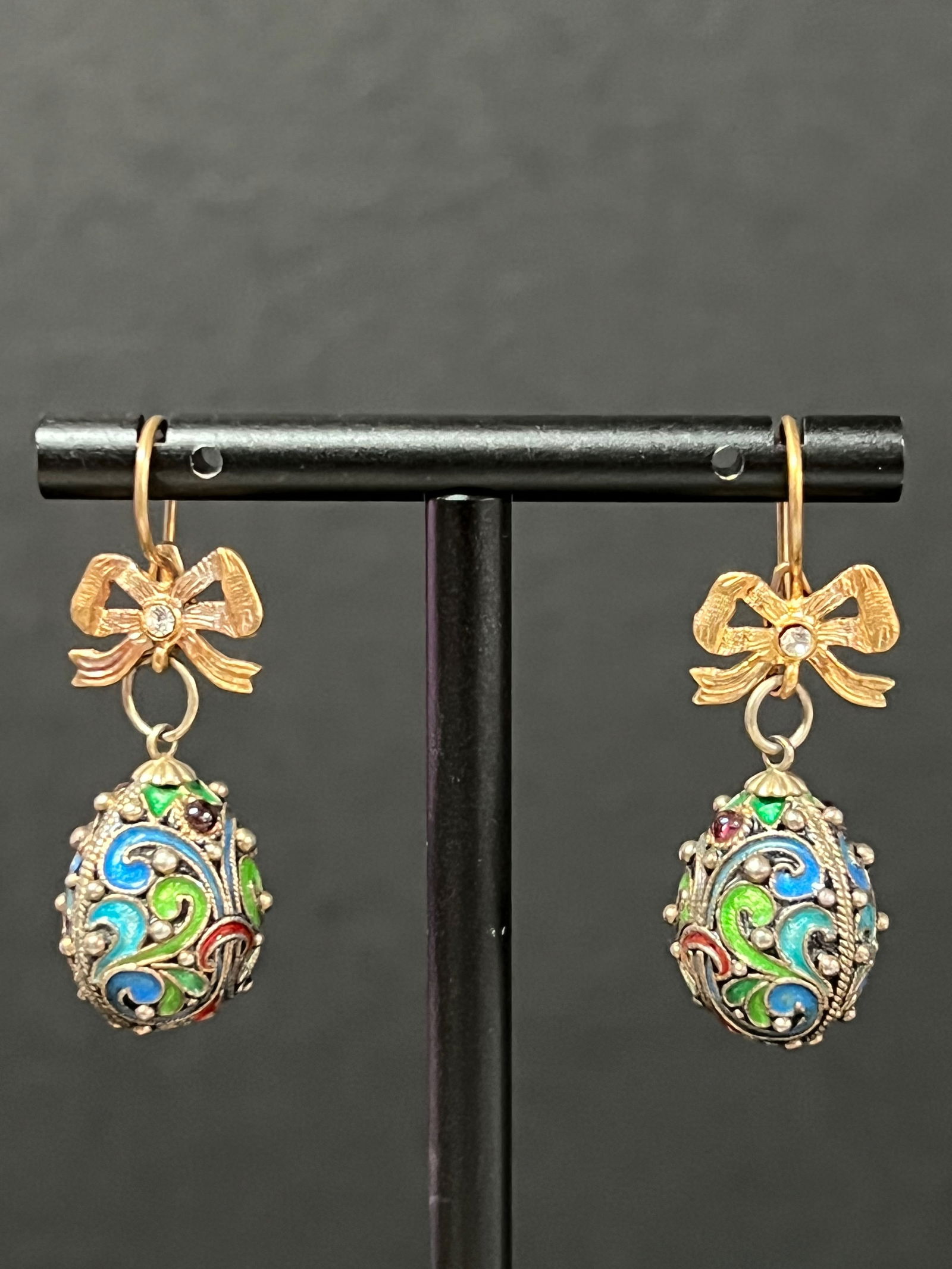 Russian Art Gold Gilt Silver and Enamel Easter Egg Earrings - 2