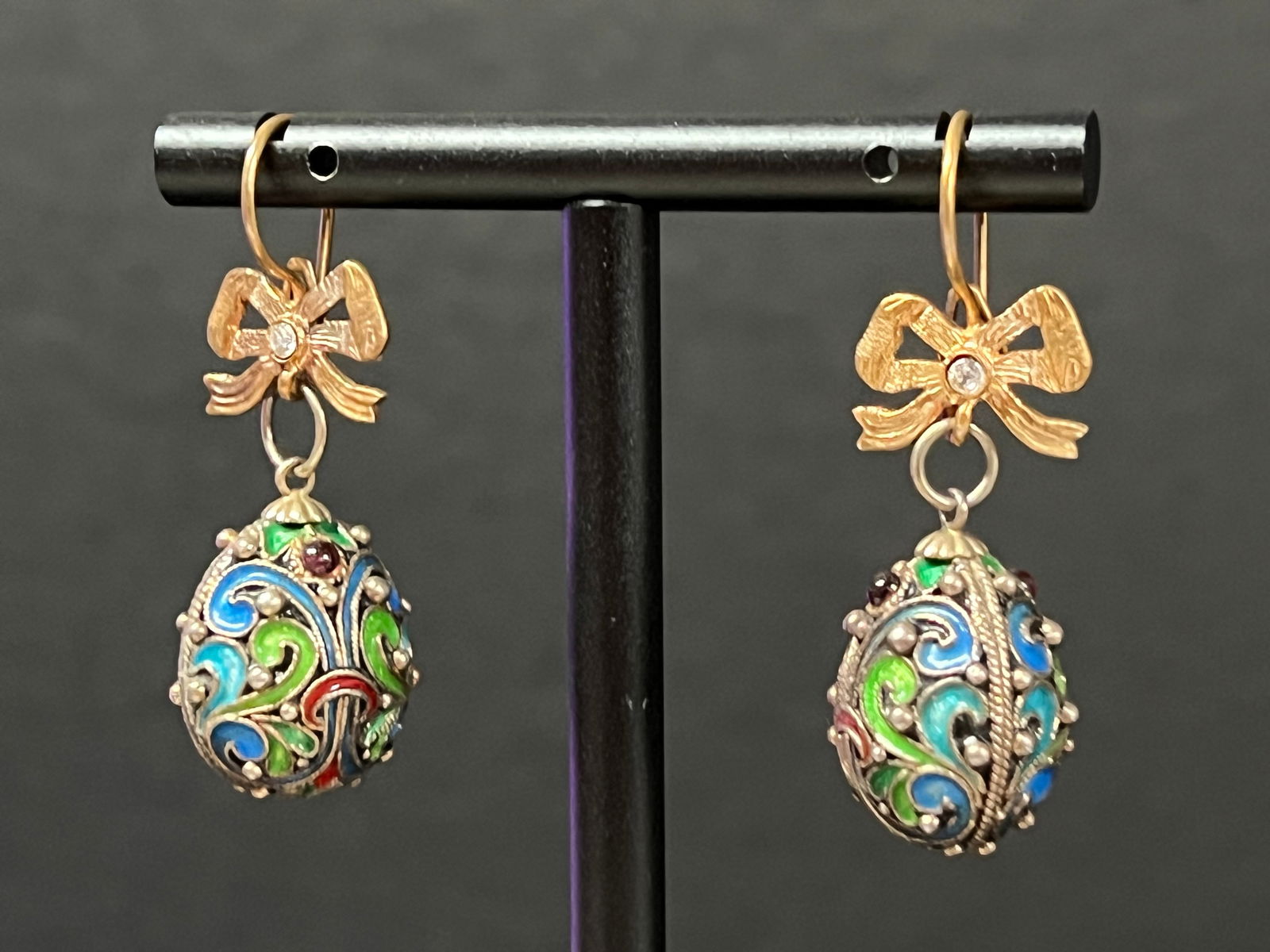 Russian Art Gold Gilt Silver and Enamel Easter Egg Earrings - 3