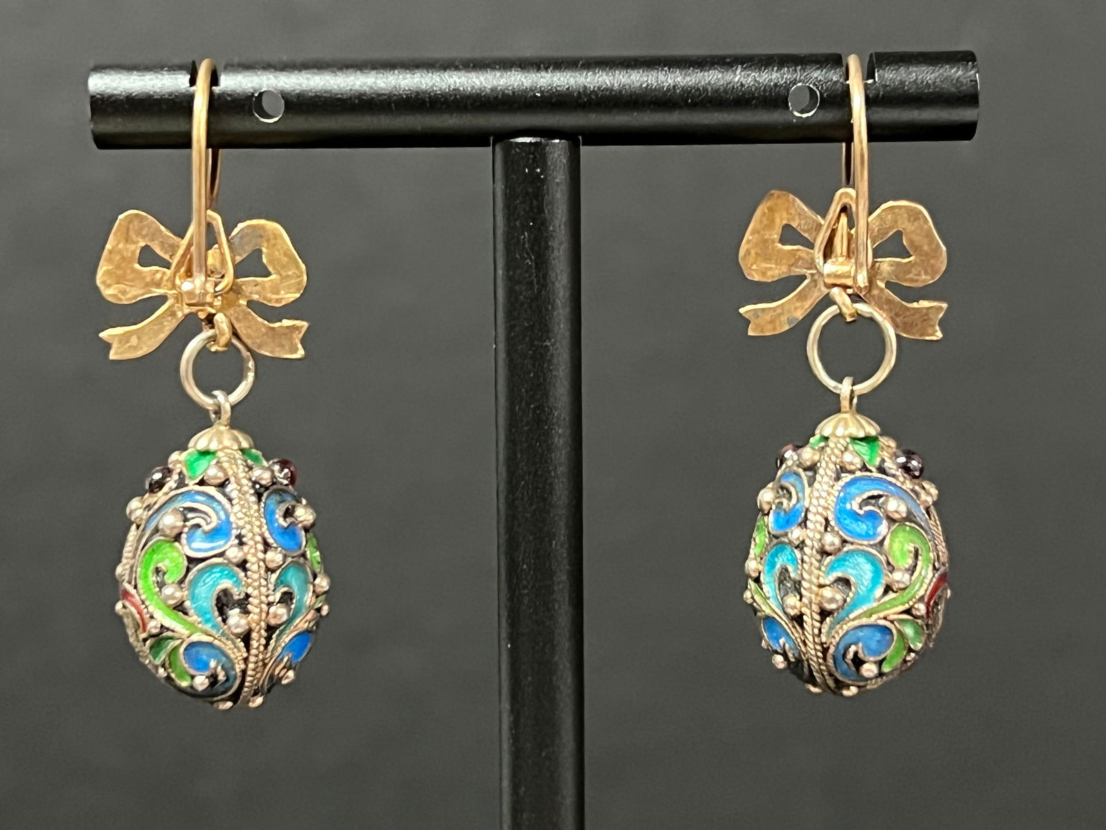 Russian Art Gold Gilt Silver and Enamel Easter Egg Earrings - 5