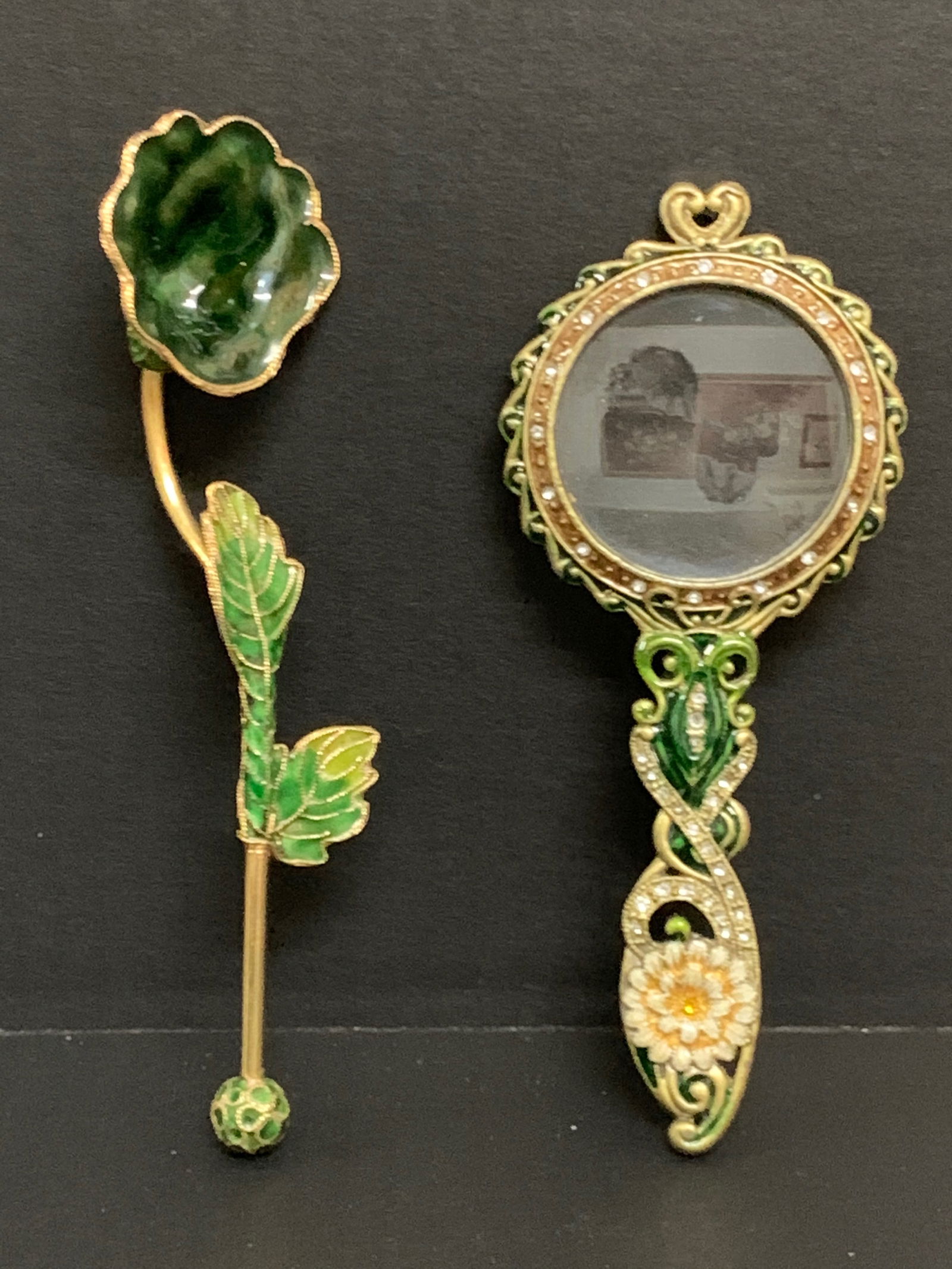Vintage Russian Art Gilt Metal and Enamel Magnifying Glass and Flower: Title: Vintage Russian Art Gilt Metal and Enamel Magnifying Glass and FlowerDate/Period: Late 20th CenturyMaterials: Metal, EnamelDescription: Vintage Russian Art Gilt Metal and Enamel Magnifying