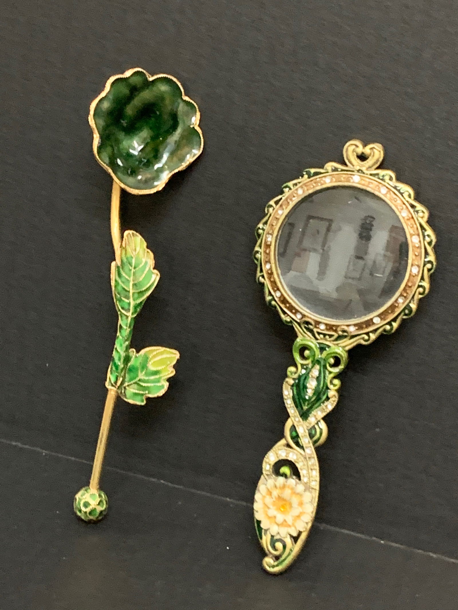 Vintage Russian Art Gilt Metal and Enamel Magnifying Glass and Flower - 2