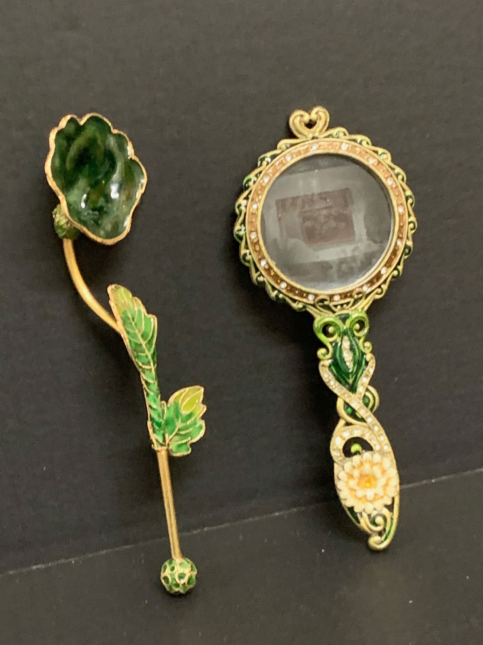 Vintage Russian Art Gilt Metal and Enamel Magnifying Glass and Flower - 3