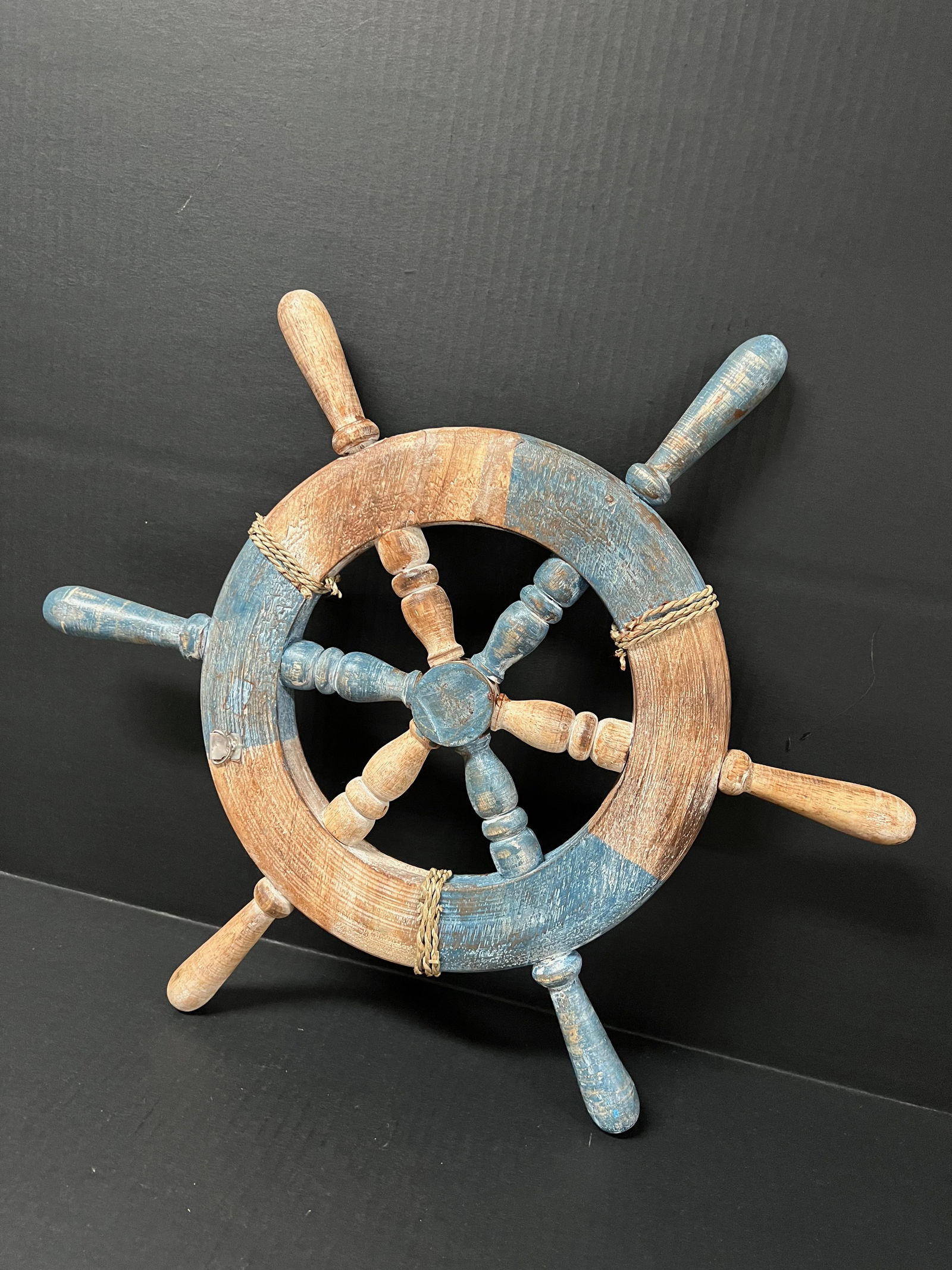 Carved Wood Painted Ship Sterring Wheel Sculpture - 2