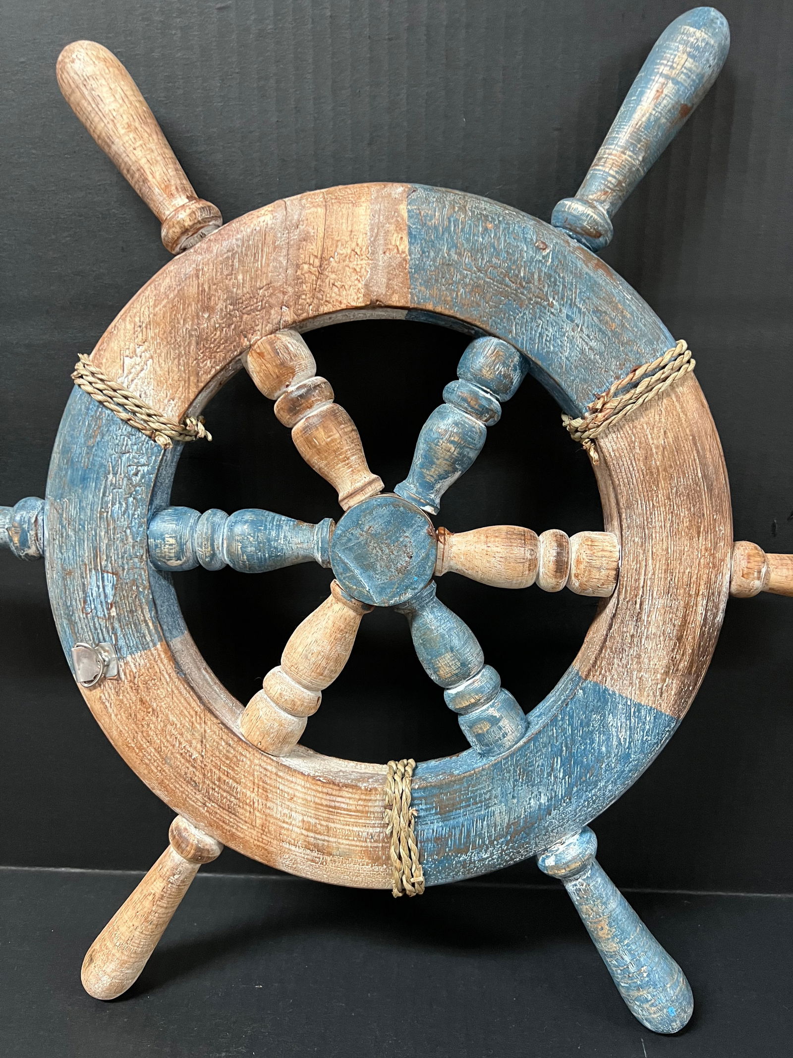 Carved Wood Painted Ship Sterring Wheel Sculpture - 4